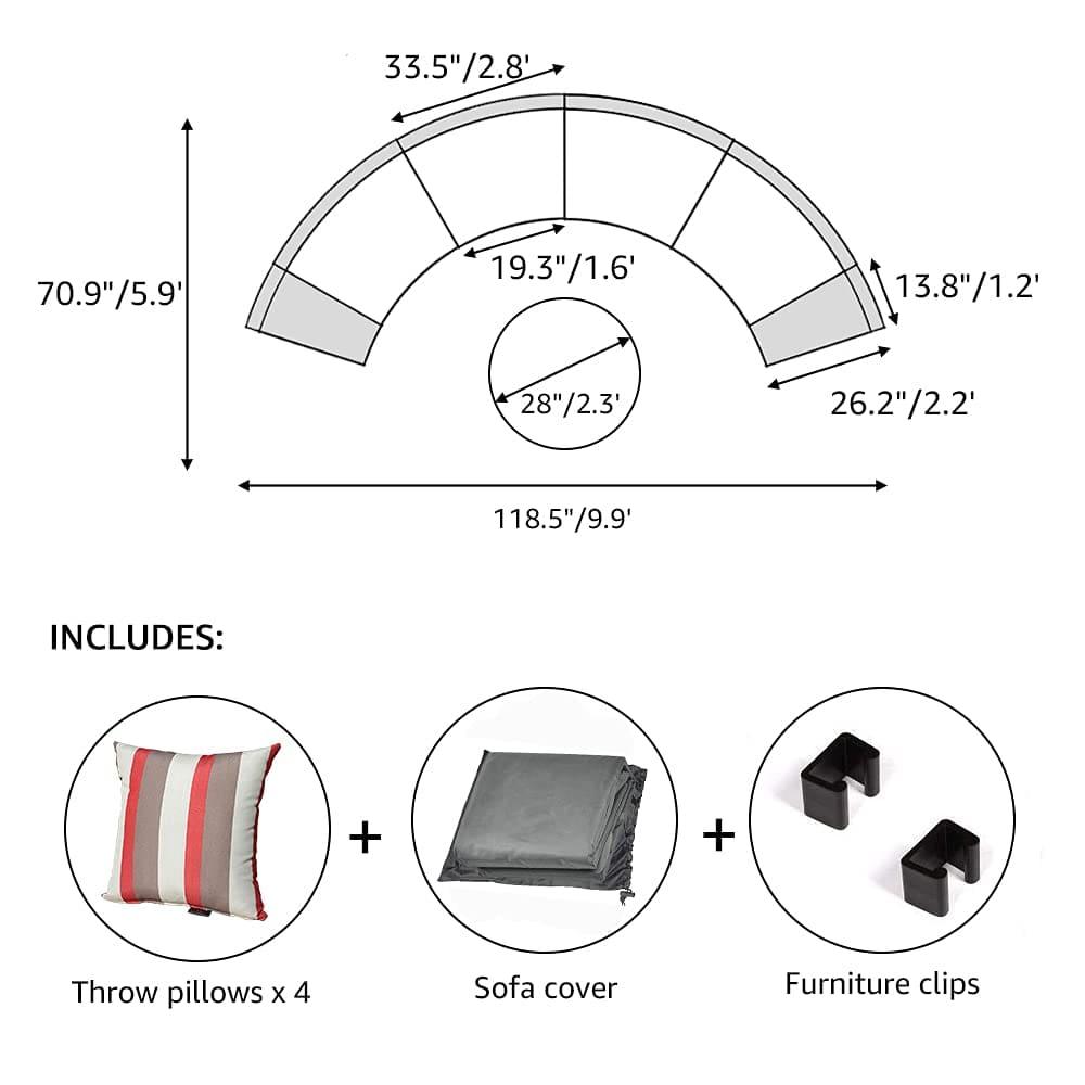 7pcs Outdoor Curved Sofas Wicker Half-Moon Sectional Set, 4 Colors | Orange-Casual