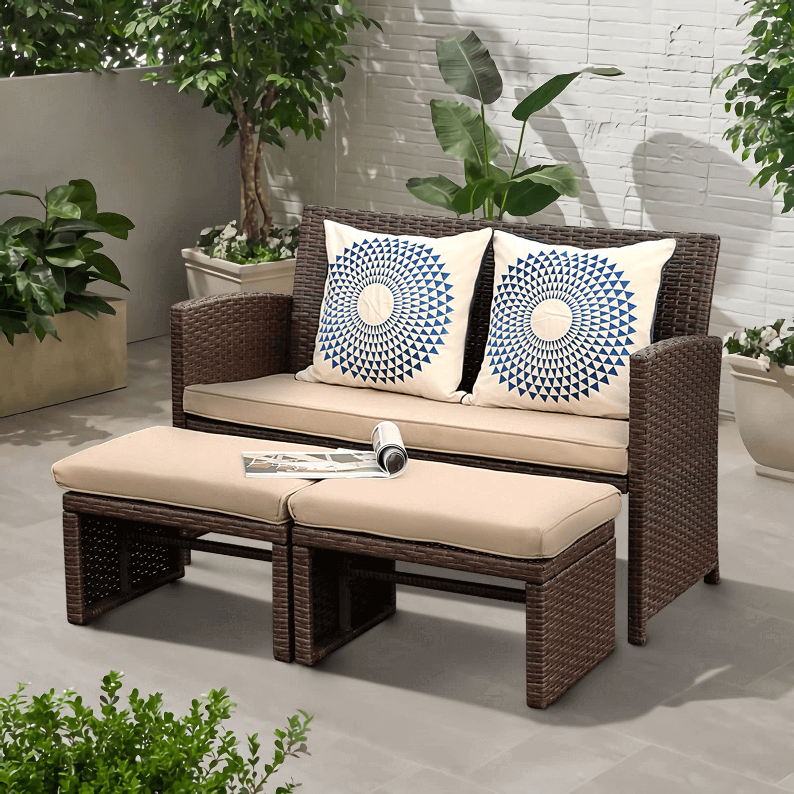 3pcs All Weather Wicker Loveseat with Ottomans for Balcony, Deck, Backyard, Porch | Orange-Casual