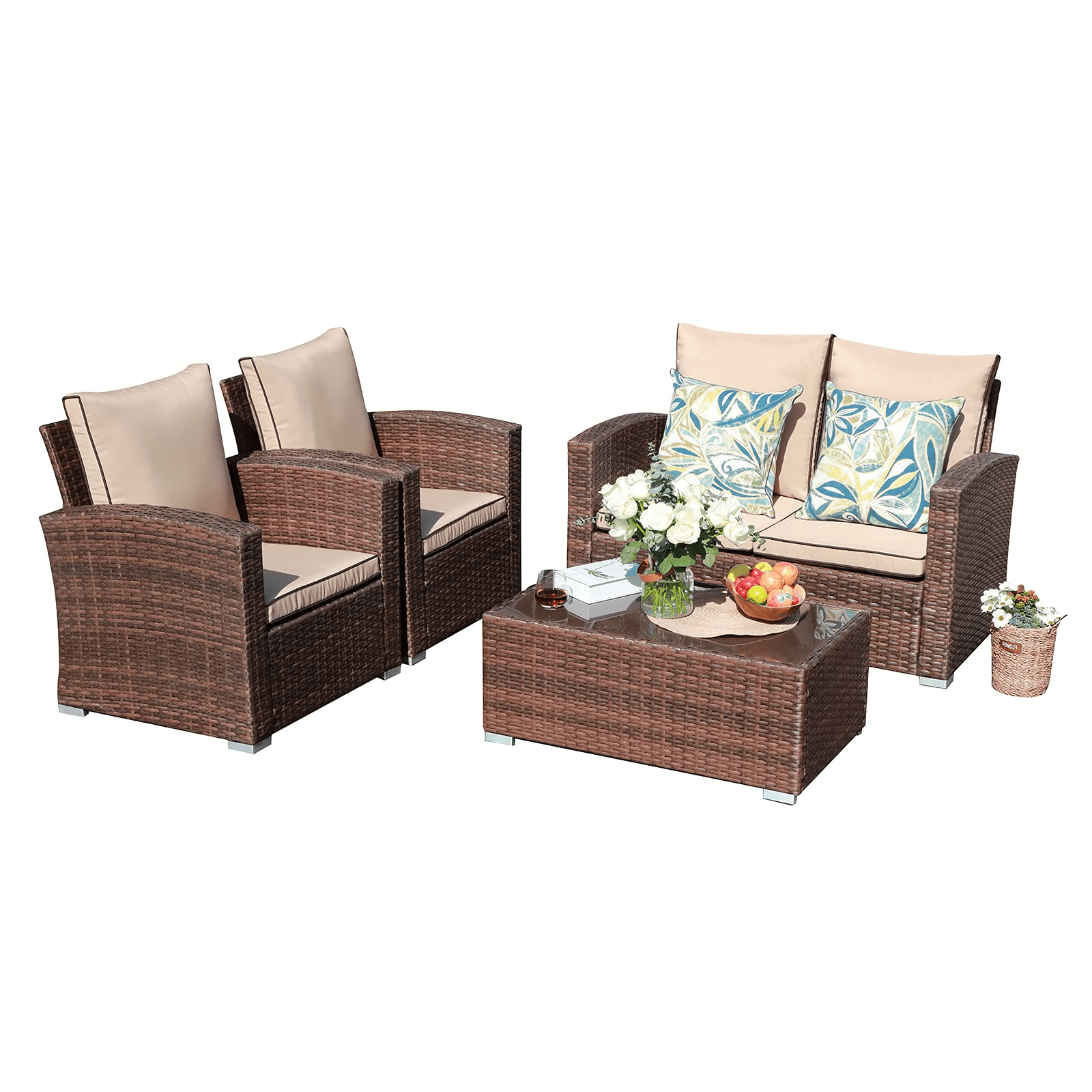 4pcs Wicker Outdoor Patio Furniture Set Small Sectional Conversation Set | Orange-Casual