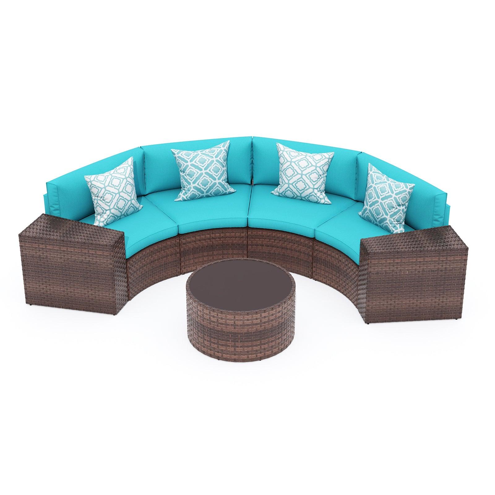 7pcs Outdoor Curved Sofas Wicker Half-Moon Sectional Set, Turquoise | Orange-Casual
