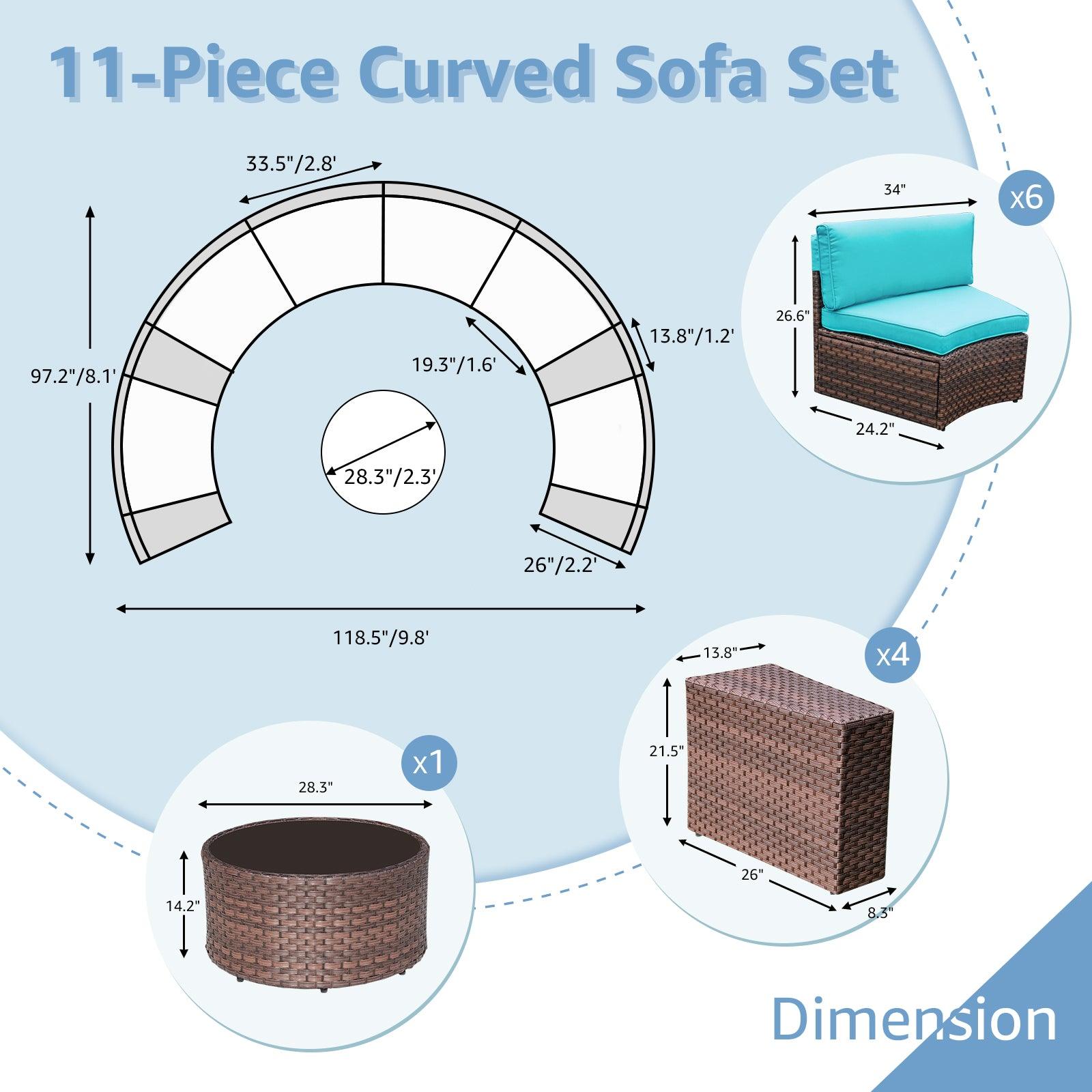 5-13 pcs Outdoor Curved Sofas Wicker Curved Outdoor Sectional, Brown & Turquoise | Orange-Casual