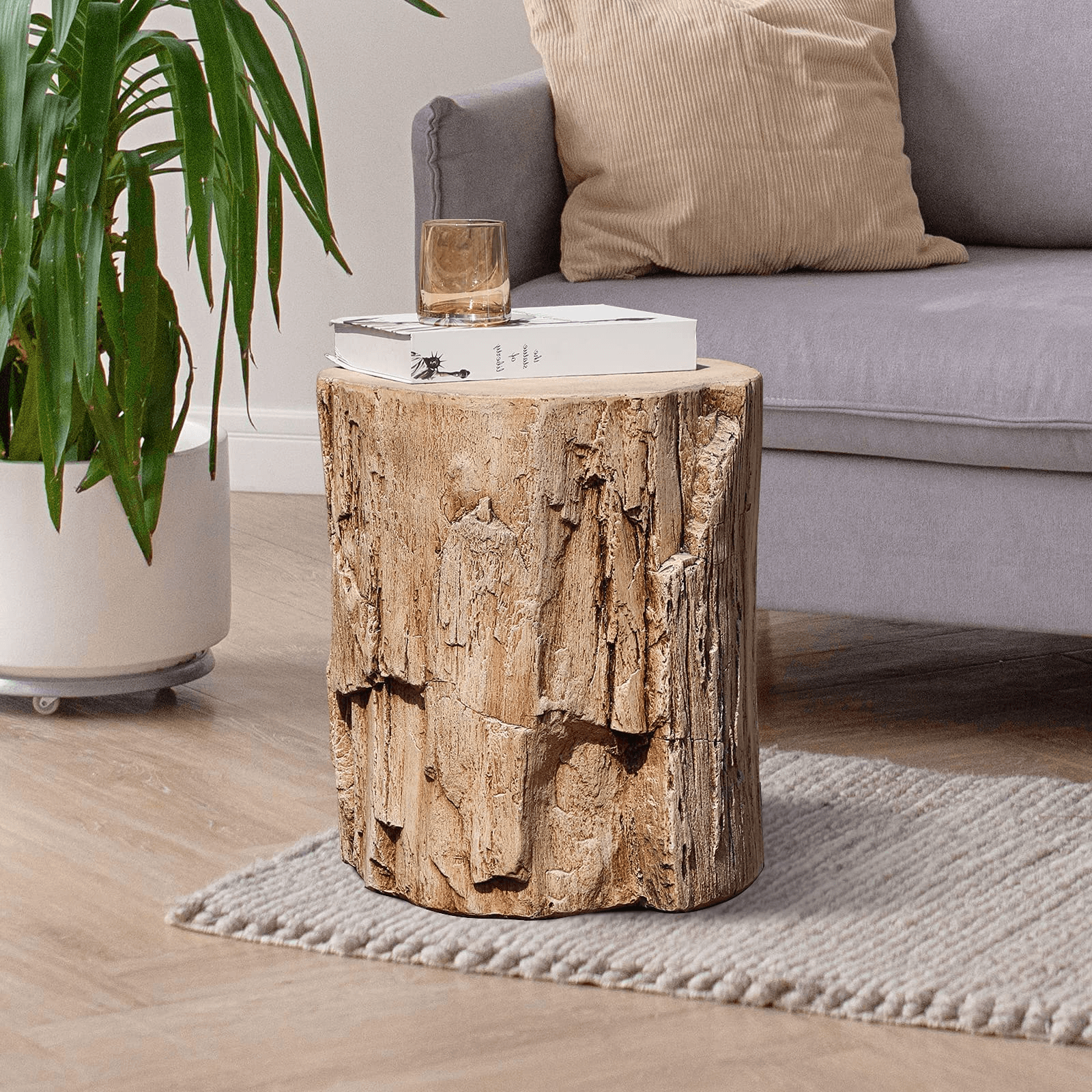 Outdoor Side Table Concrete Round Accent Table Faux Wood Stump Brown | Orange-Casual