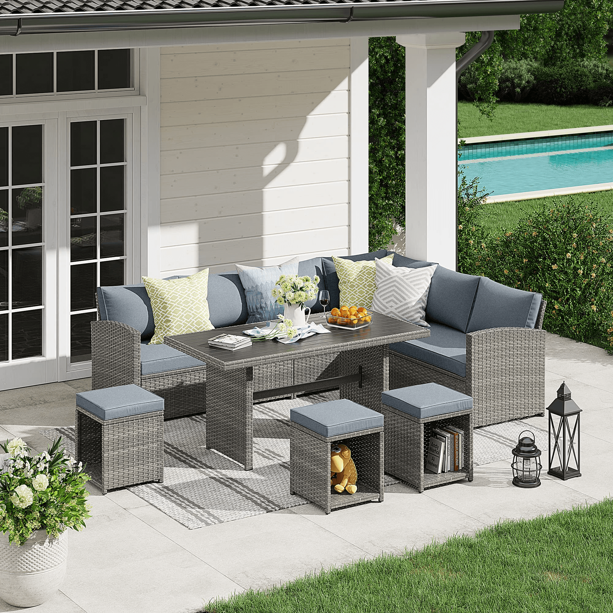 7pcs Outdoor Dining Set Wicker Patio Sectinal Set with Dining Table | Orange-Casual