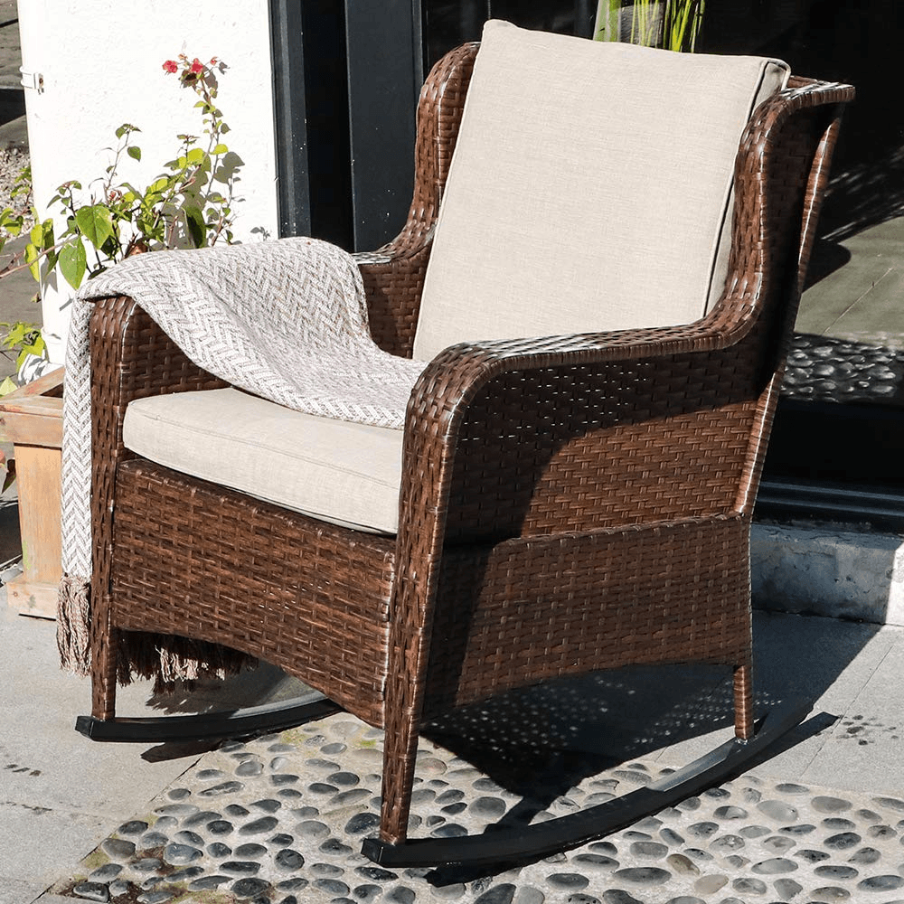 Wicker Patio Rocking Chair Brown Porch Rocking Chair with Beige Cushion | Orange-Casual