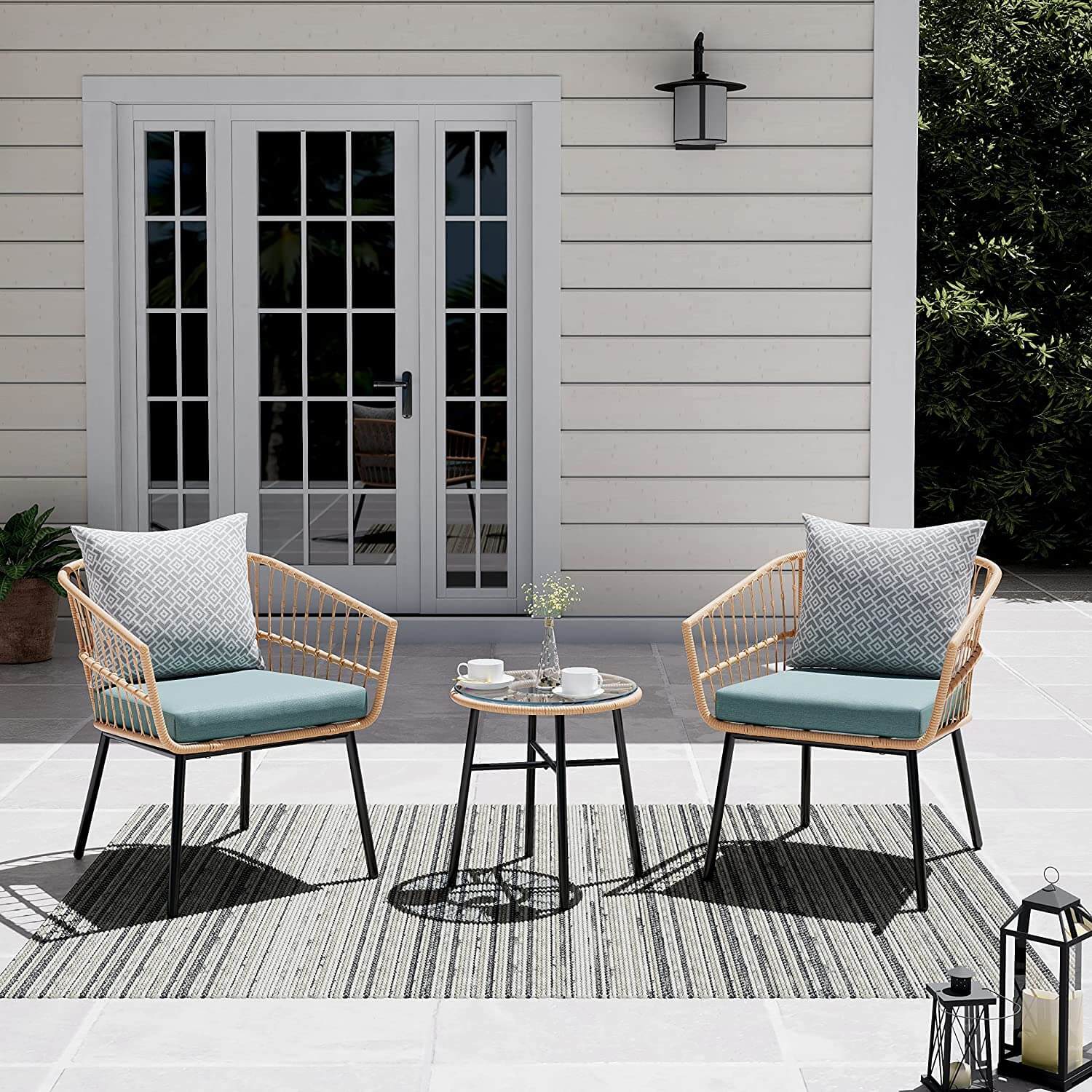 3pcs Patio Bistro Set Rattan Armchairs with Round Glass Coffee Table, Cream & Aqua | Orange-Casual
