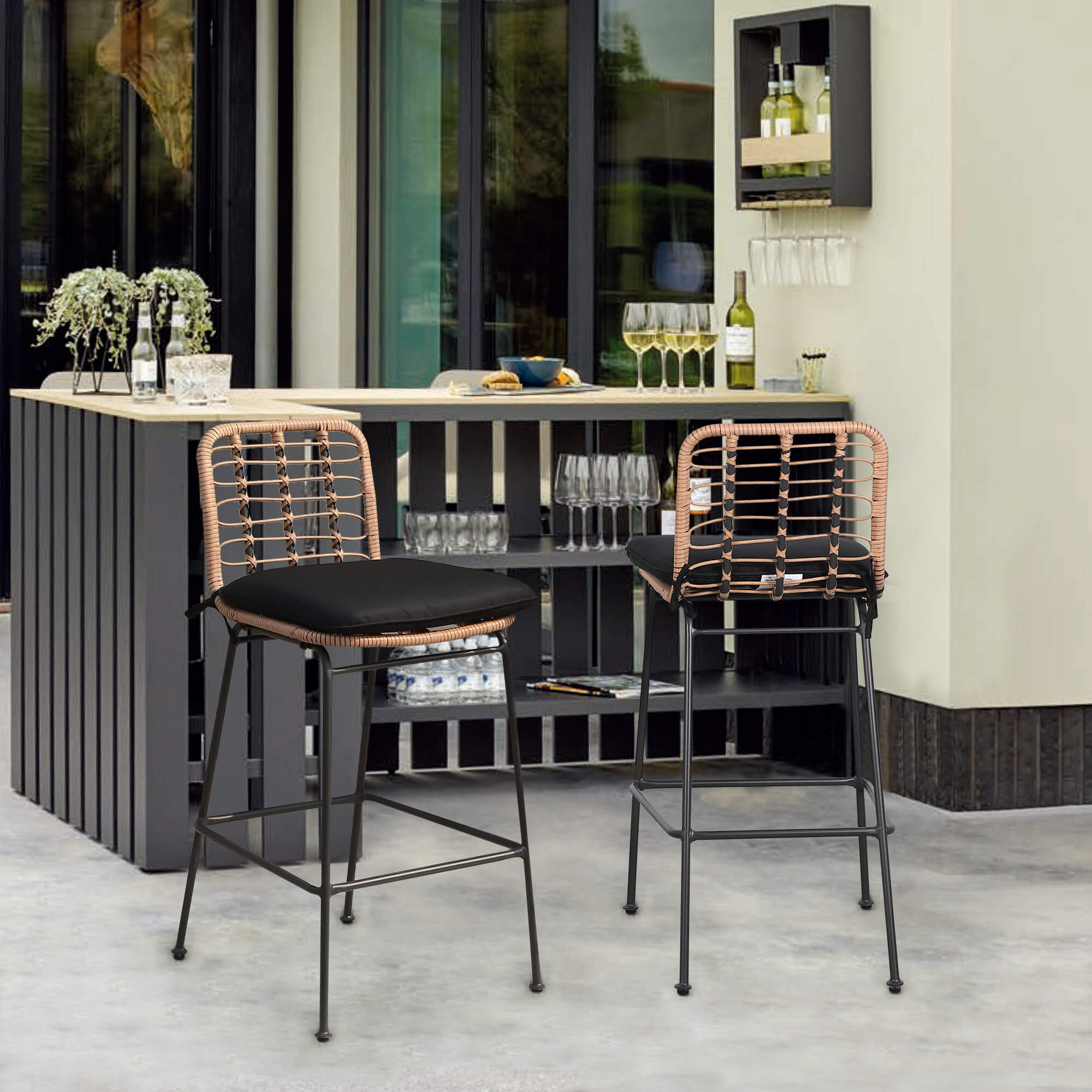 2-4 pcs Outdoor Bar Stools Set, Wicker Dining Chairs with Footrest | Orange-Casual