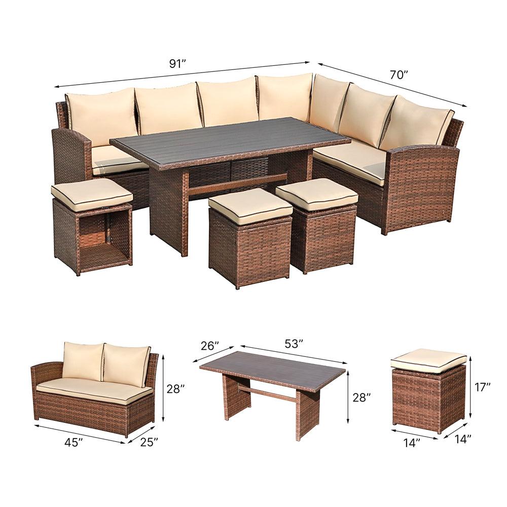 7pcs Outdoor Dining Set Wicker Patio Sectinal Set with Dining Table | Orange-Casual
