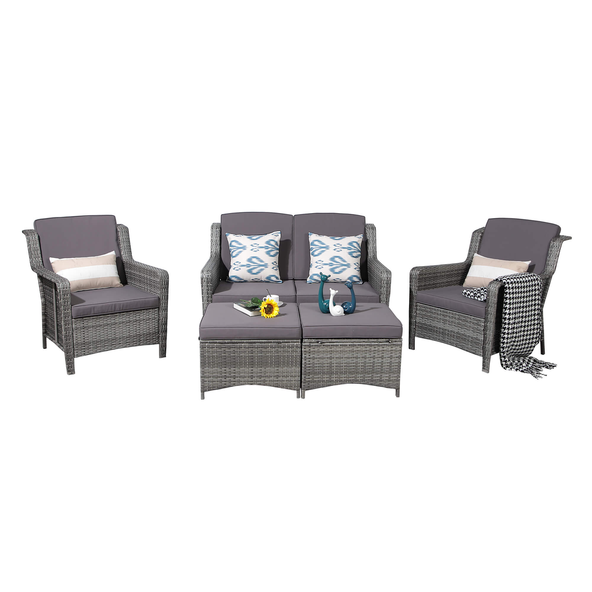 5pcs Outdoor Patio Furniture Set All-Weather Wicker Conversation Set with Loveseat | Orange-Casual