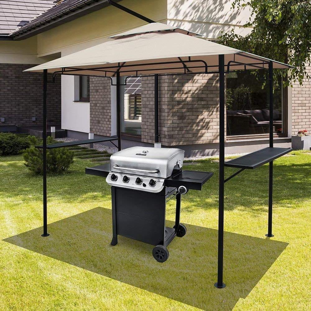 Grill Gazebo with Double-Tier Soft Polyester Top and Metal Shelves, 8' by 5', Beige | Orange-Casual