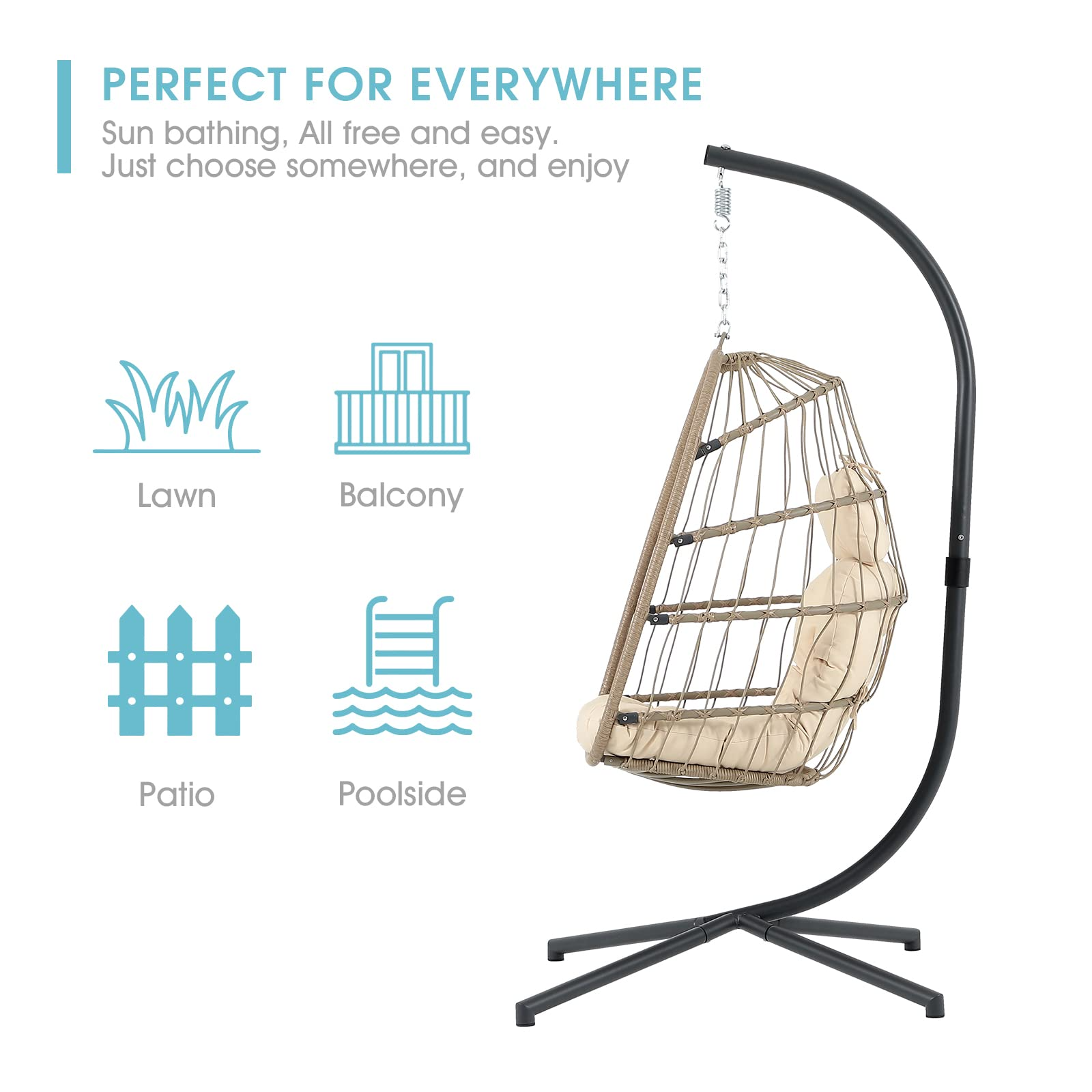 Steel Hanging Egg Chair with Stand Beige Outdoor Patio Swing Chair | Orange-Casual