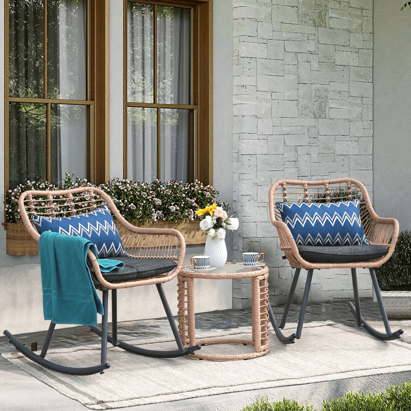 3pcs Patio Bistro Set, Wicker Rocking Chair, Natural Rattan & Black Cushion | Orange-Casual