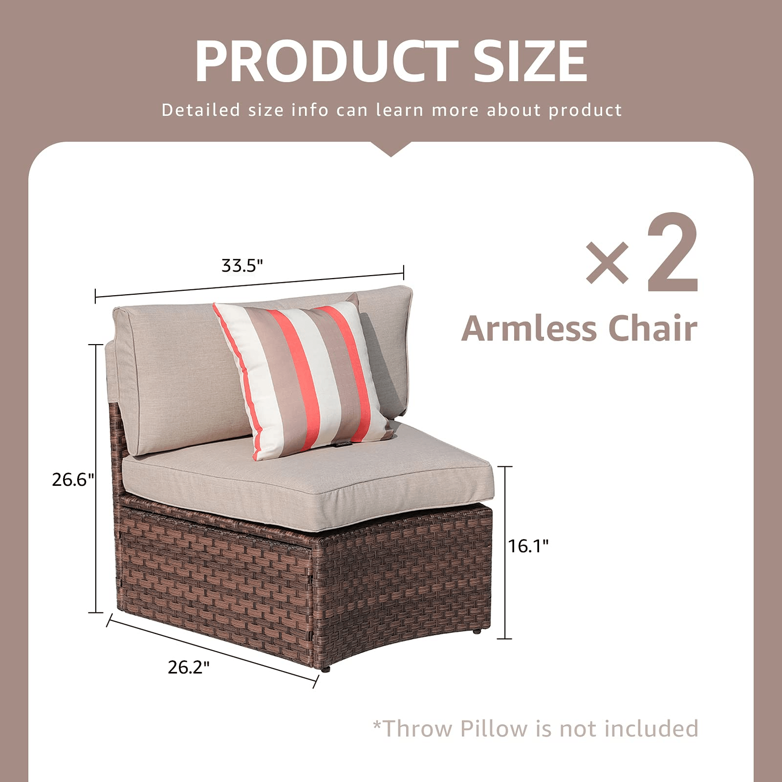 2 pcs Half Moon Armless Sofa Wicker Outdoor Curved Sofa, Brown/Grey | Orange-Casual