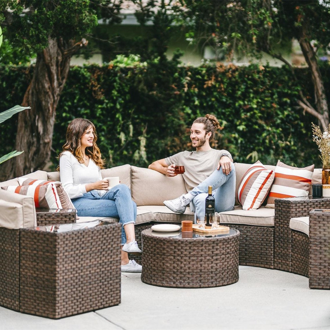 5-13 pcs Curved Outdoor Sectionals, Outdoor Curved Sofas, Brown & Beige | Orange-Casual