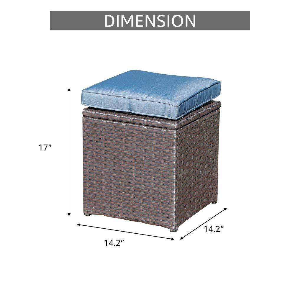 2pcs Outdoor Patio Ottoman Rattan Storage Ottoman with Aegean Blue Cushions