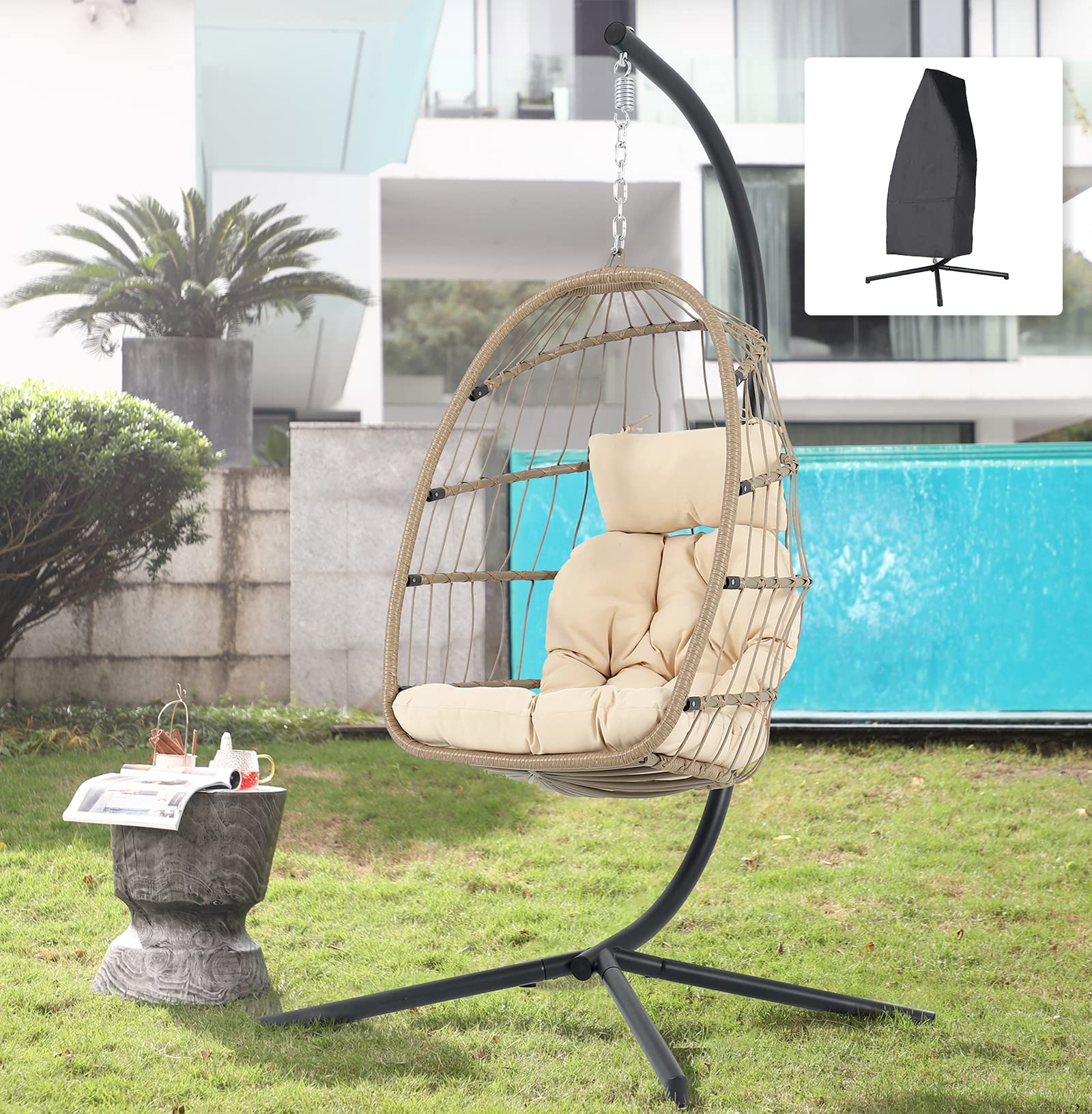 Steel Hanging Egg Chair with Stand Beige Outdoor Patio Swing Chair | Orange-Casual