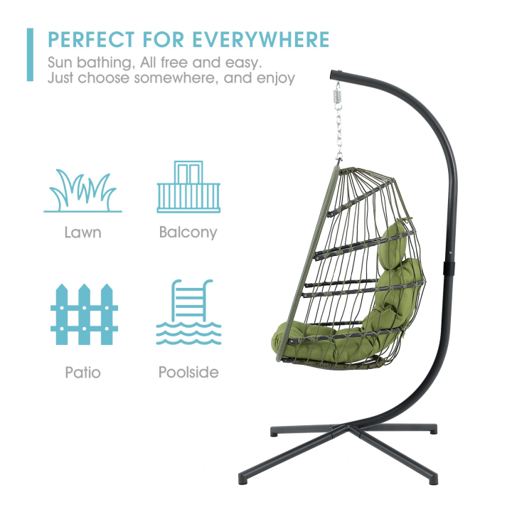 Steel Hanging Egg Chair with Stand Olive Green Outdoor Patio Swing Cha