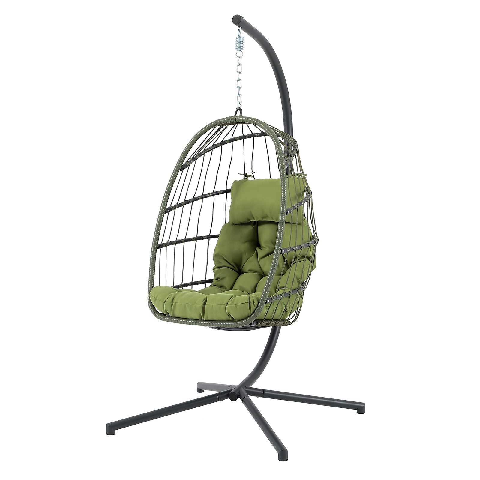 Steel Hanging Egg Chair with Stand Olive Green Outdoor Patio Swing Chair