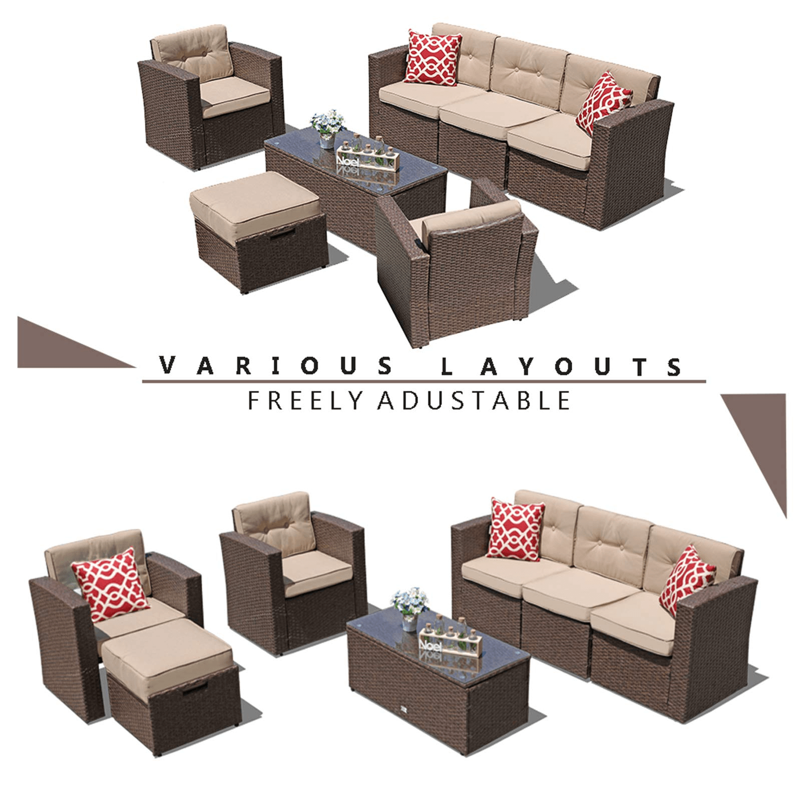 Outdoor Sectional Set Brown Wicker Patio Sectional Set with Beige Cushions | Orange-Casual