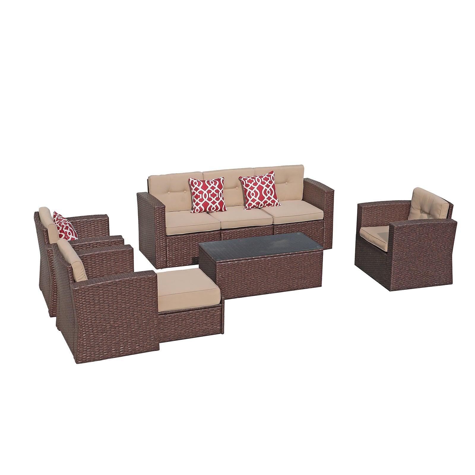 8pcs Patio Sectional Sets Wicker Outdoor Sofa Set with Beige Cushions | Orange-Casual