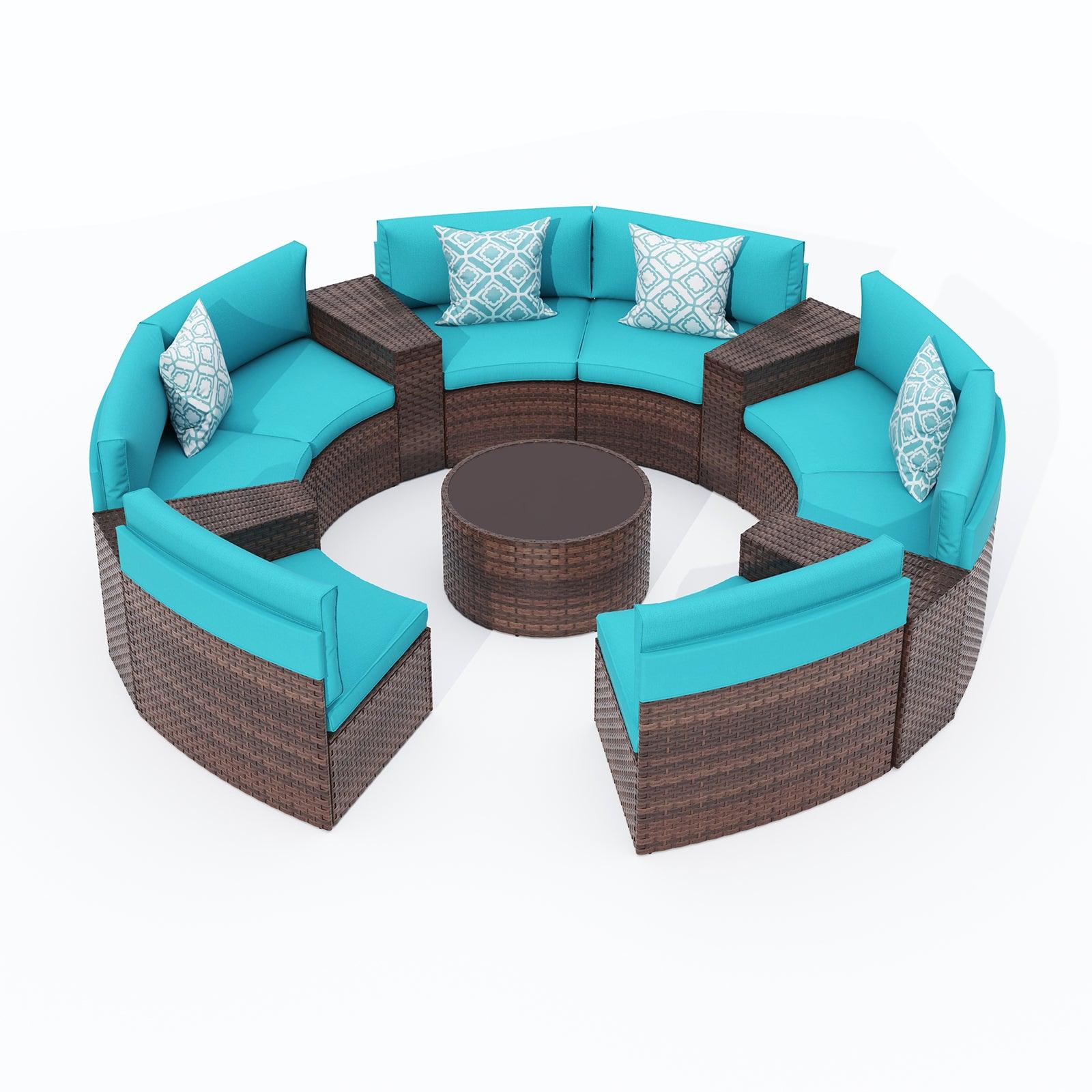 13pcs Outdoor Curved Sofas Wicker Half-Moon Sectional Set, Turquoise | Orange-Casual