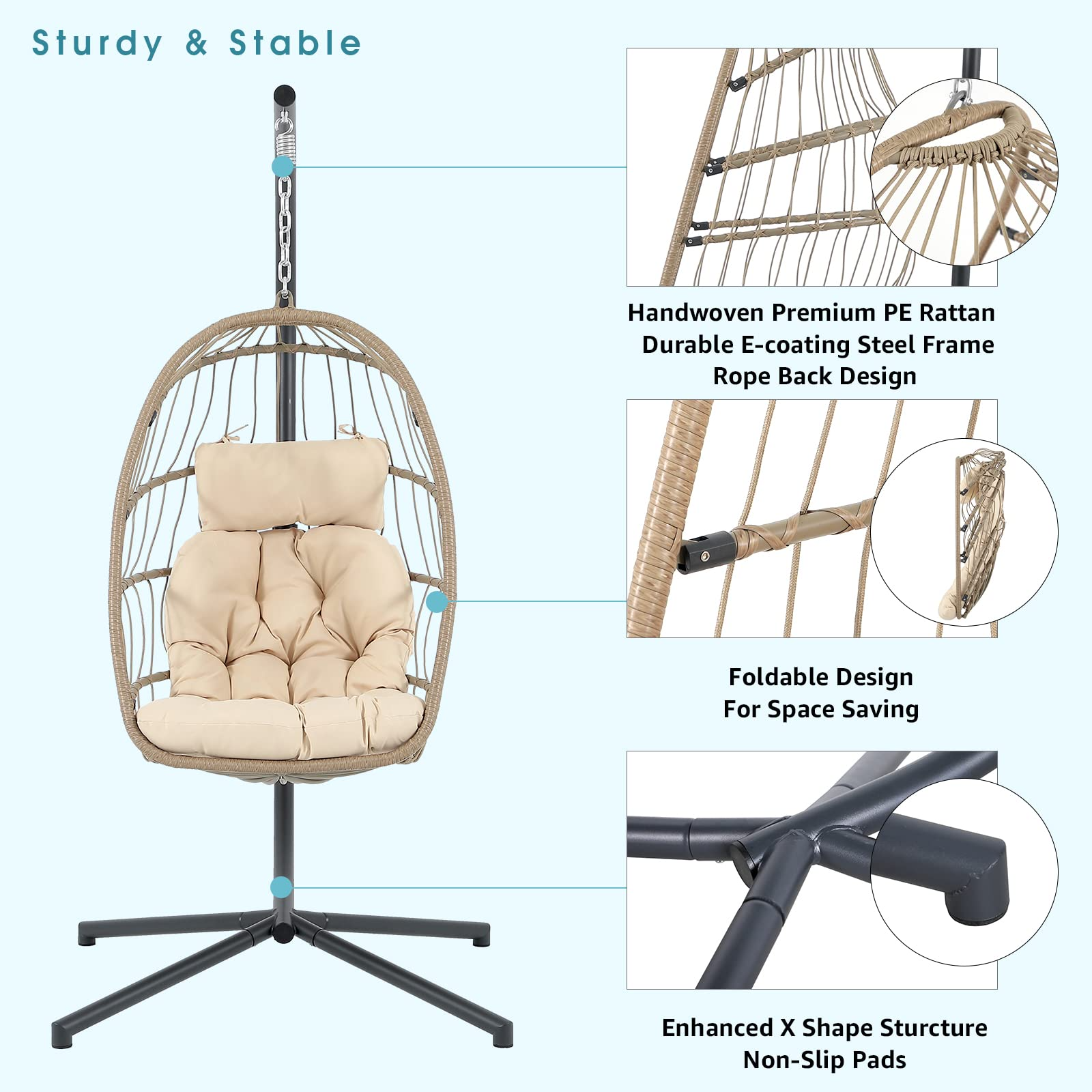 Steel Hanging Egg Chair with Stand Beige Outdoor Patio Swing Chair | Orange-Casual