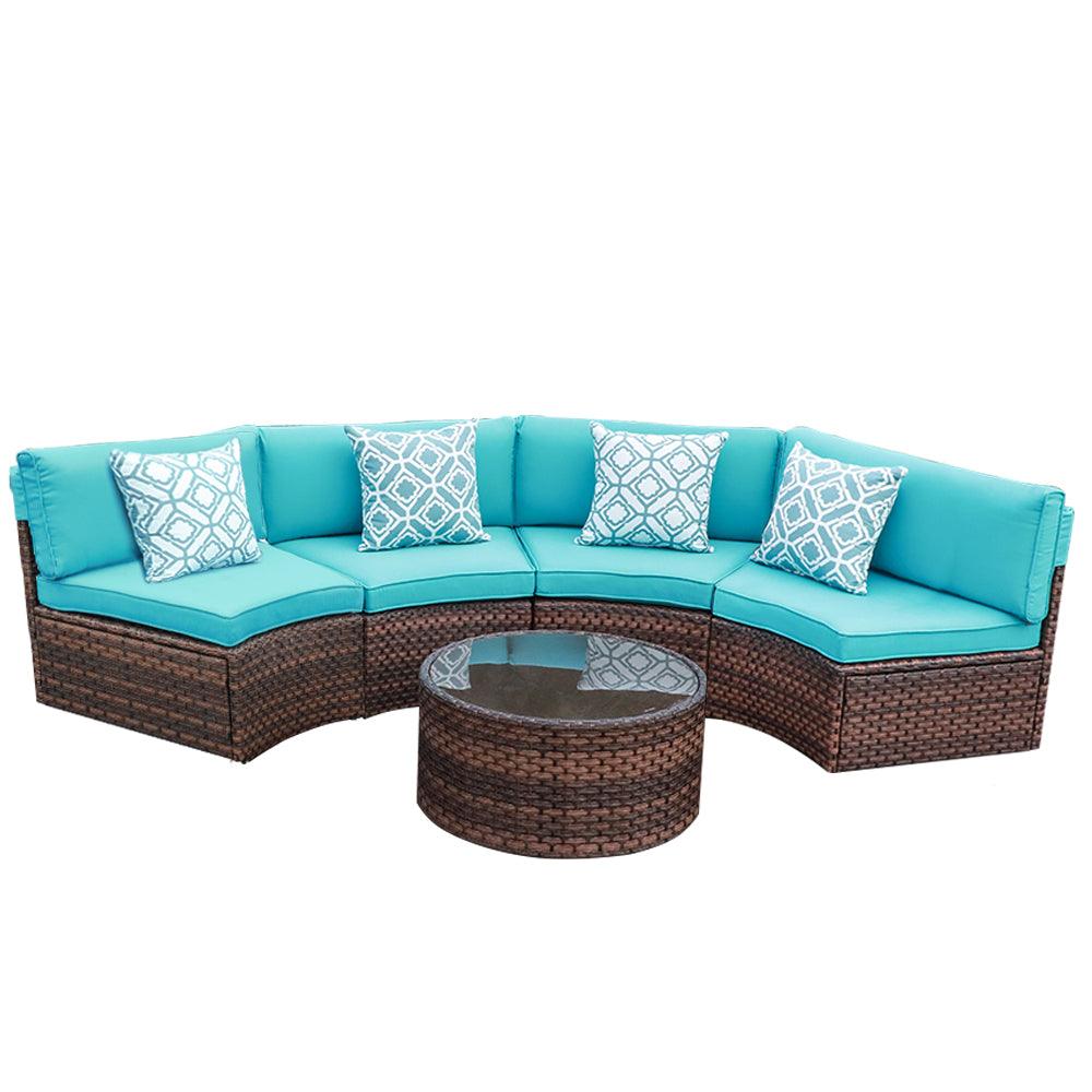 5pcs Outdoor Curved Sofas Wicker Half-Moon Sectional Set, 4 Colors | Orange-Casual