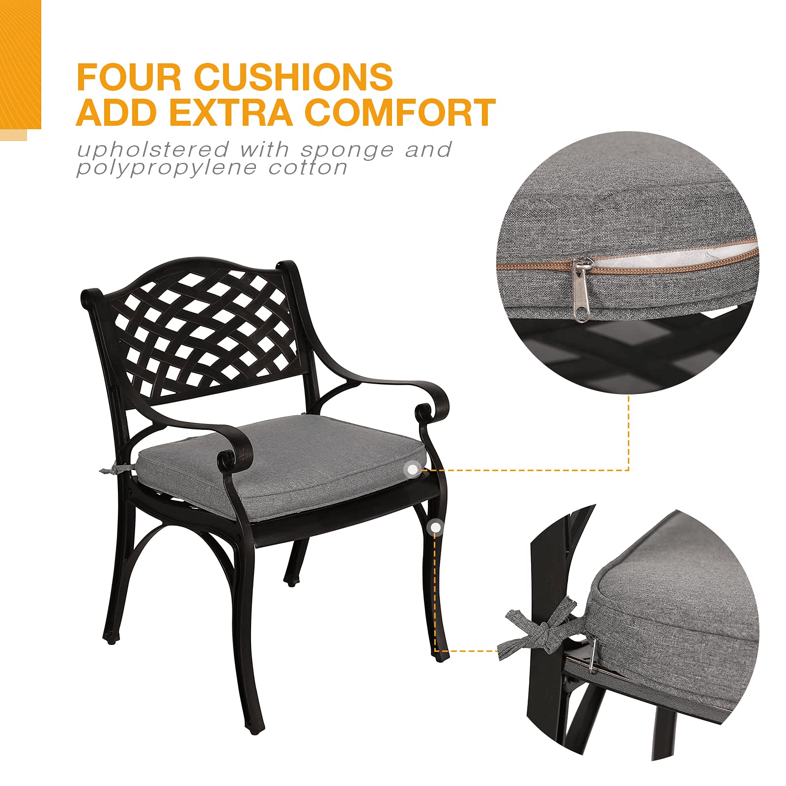 3pcs Cast Aluminum Patio Bistro Set, Antique Bronze Frame & Gray Cushions | Orange-Casual