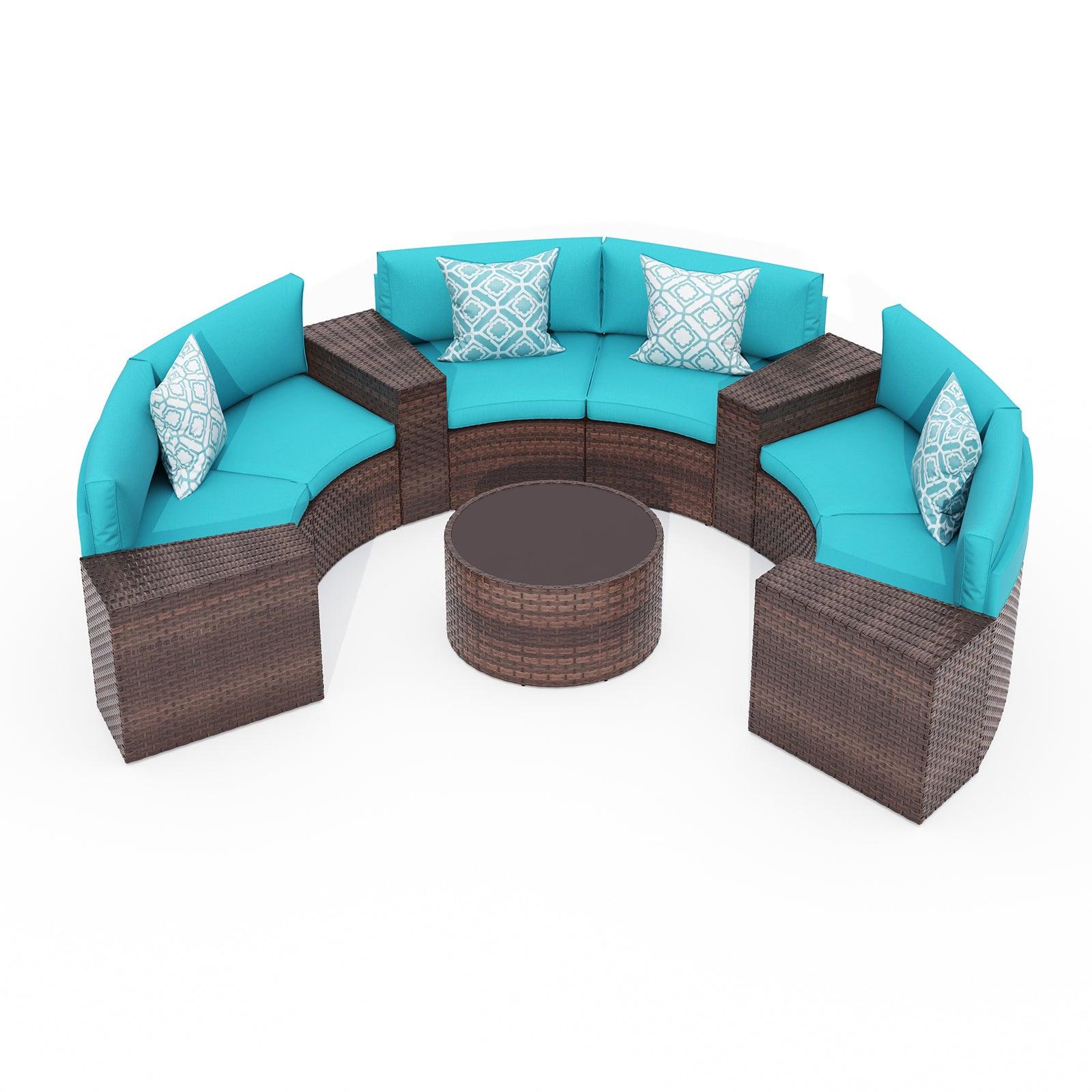 11pcs Outdoor Curved Sofas Wicker Half-Moon Sectional Set, Turquoise | Orange-Casual