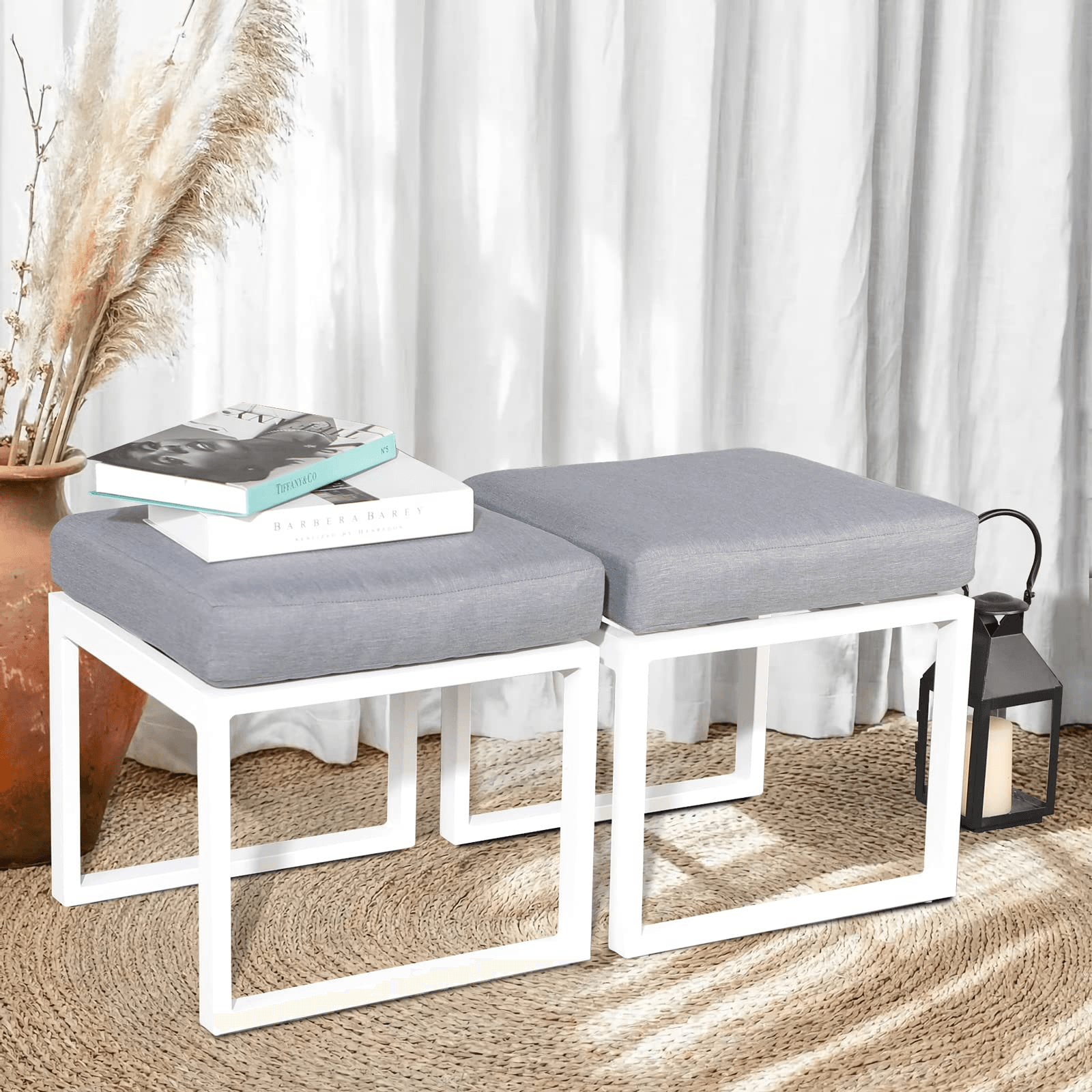 2pcs Outdoor Patio Ottomans White Aluminum Footstool with Grey Cushions | Orange-Casual