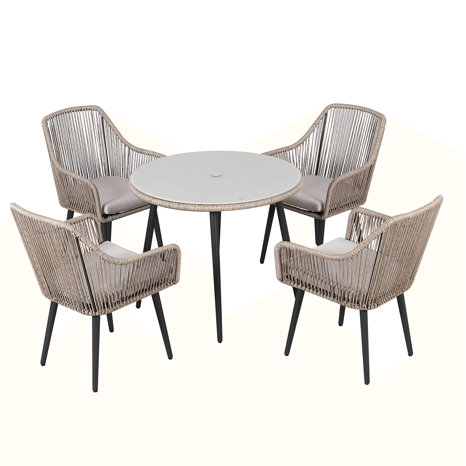 5-pc Outdoor Patio Dining Set, Light Grey Rattan, Glass Table Top With 2'' Umbrella Hole