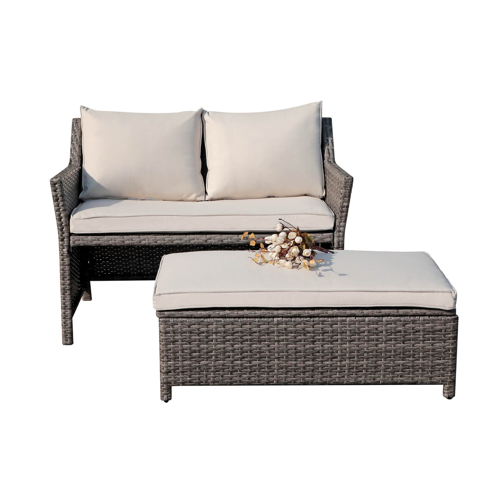 2pcs Loveseat Set with Storage Bin Wicker Outdoor Conversation Set