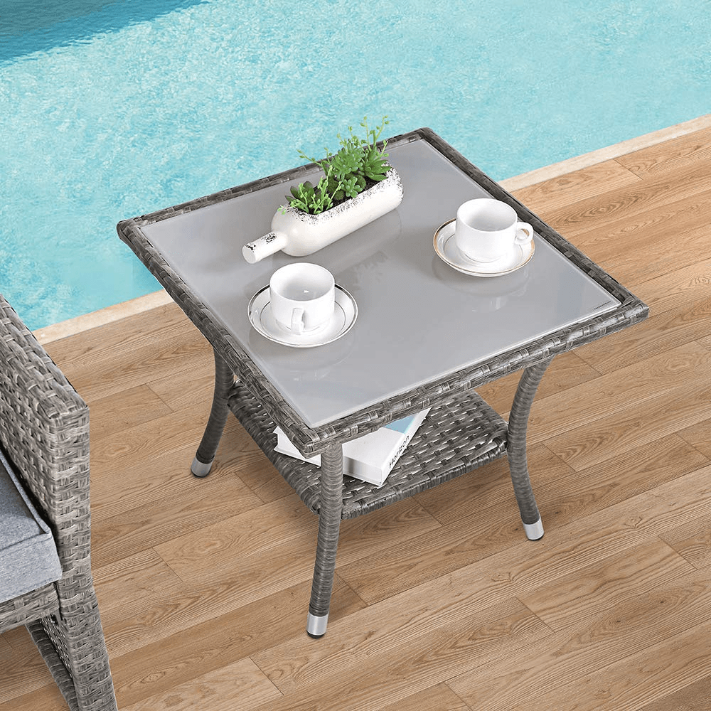 Grey Outdoor Square Glass Table Wicker Patio Coffee Table | Orange-Casual