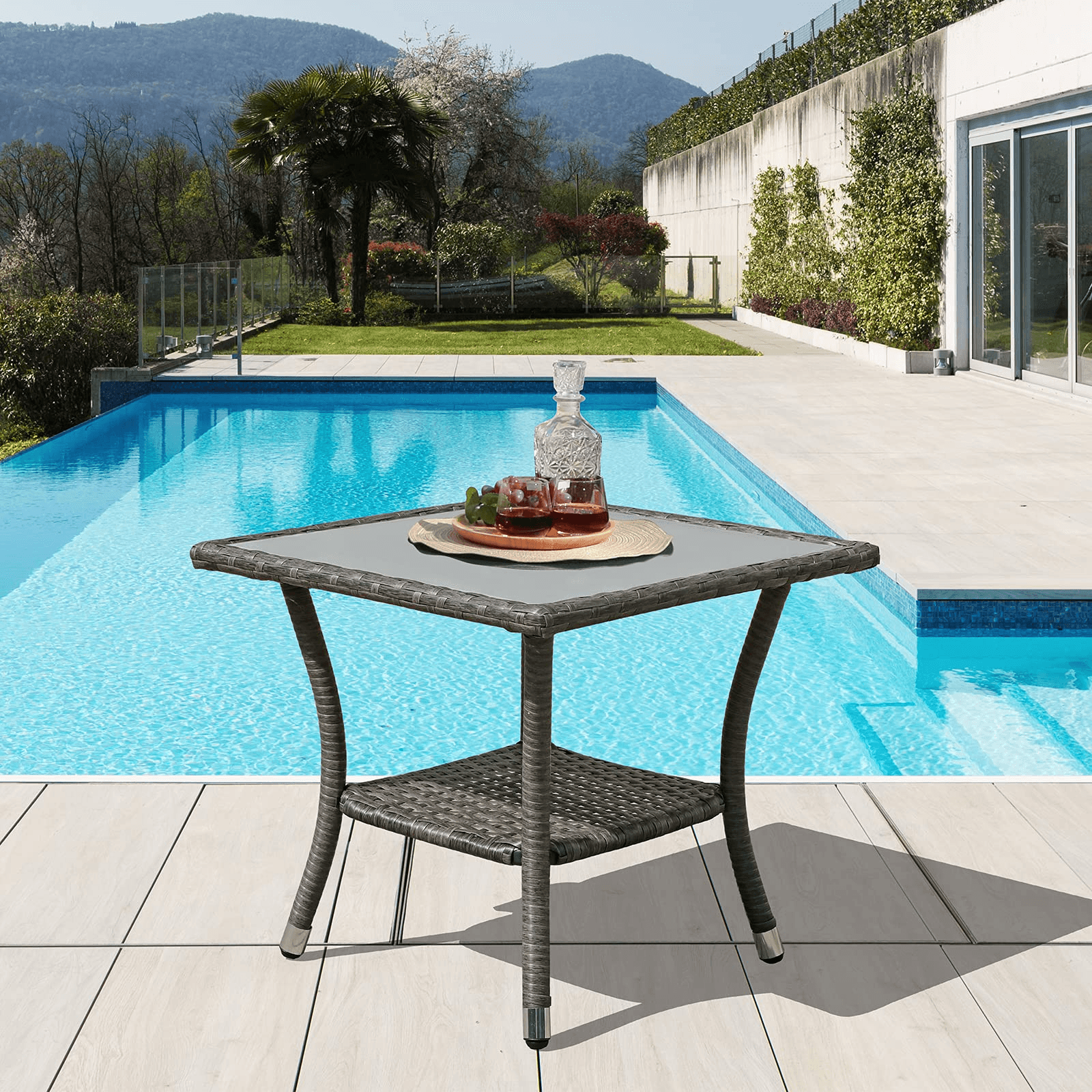 Grey Outdoor Square Glass Table Wicker Patio Coffee Table | Orange-Casual