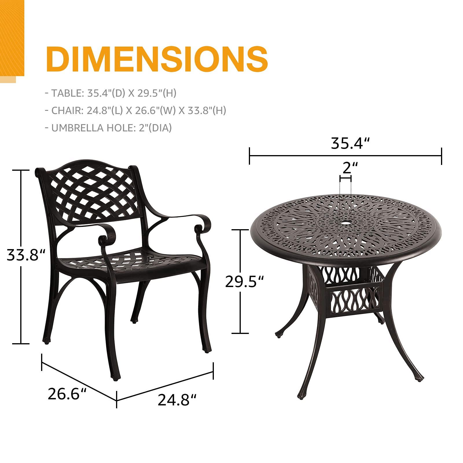 3pcs Cast Aluminum Patio Bistro Set, Antique Bronze Frame & Gray Cushions | Orange-Casual
