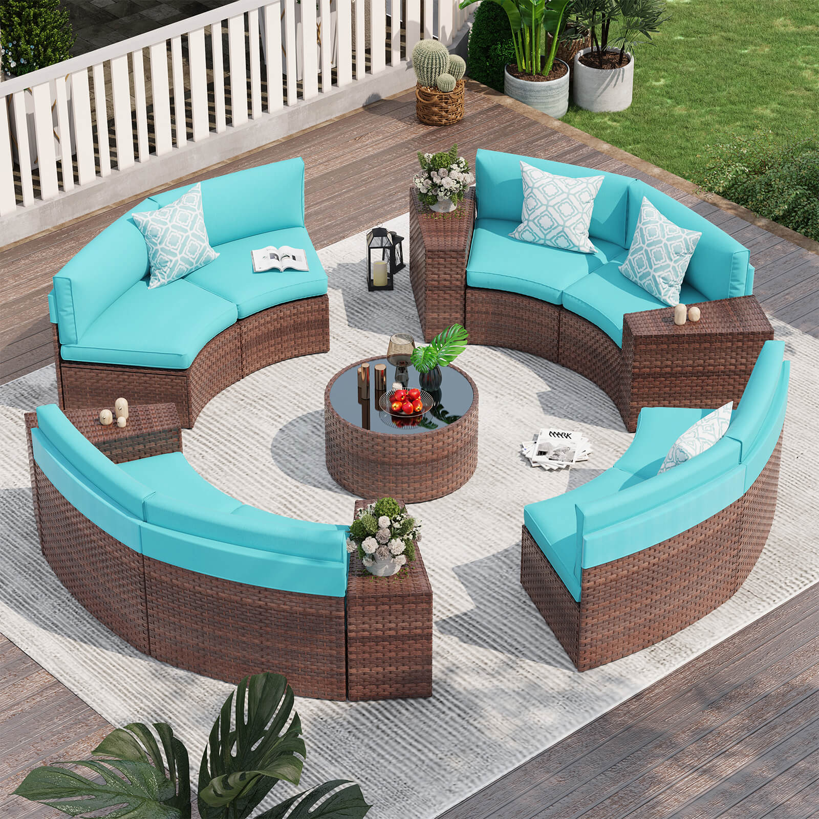 5-13 pcs Outdoor Curved Sofas Wicker Curved Outdoor Sectional, Brown & Turquoise | Orange-Casual