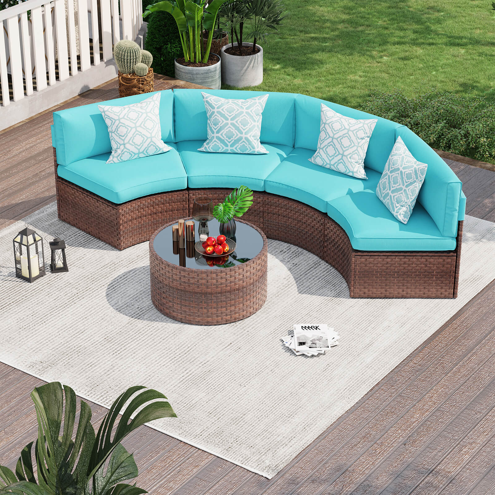 5-13 pcs Outdoor Curved Sofas Wicker Curved Outdoor Sectional, Brown & Turquoise | Orange-Casual