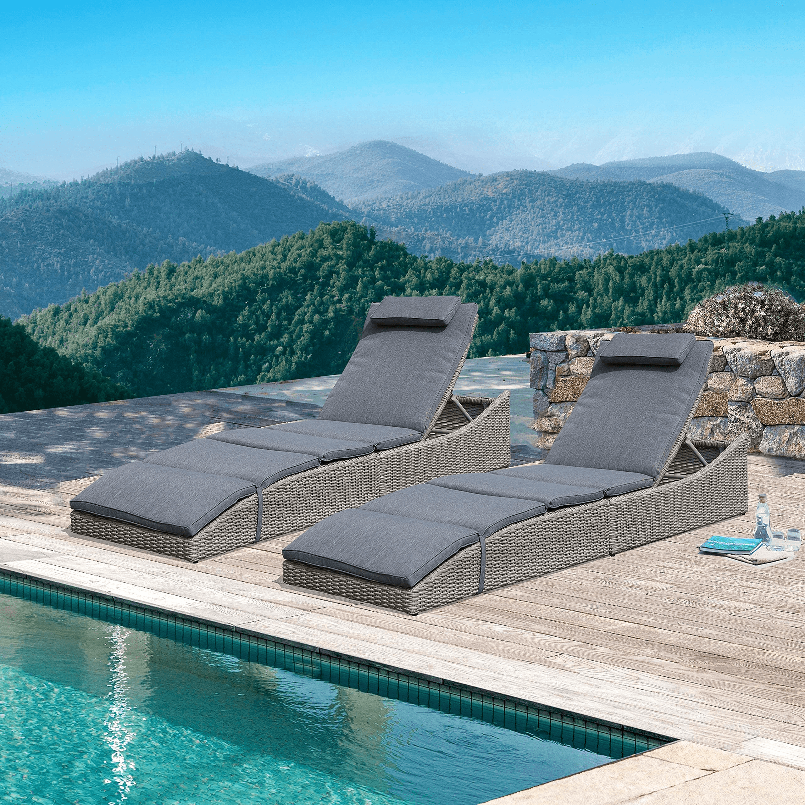1-2 Pcs Folding Patio Lounge Chairs Wicker Outdoor Loungers, Wave Shape, Grey | Orange-Casual