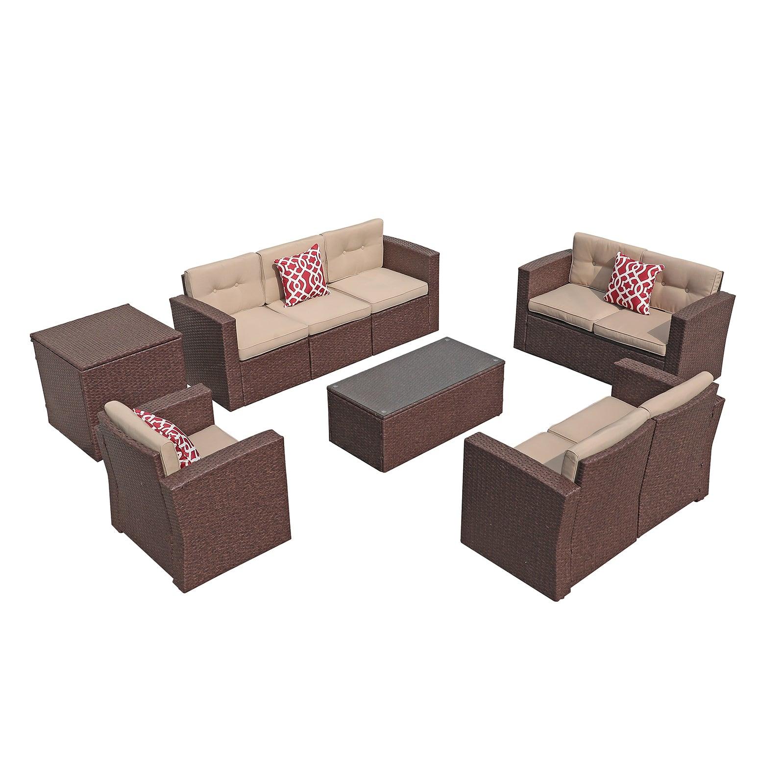 9pcs Outdoor Sectional Set with Two Loveseats Wicker Patio Set | Orange-Casual