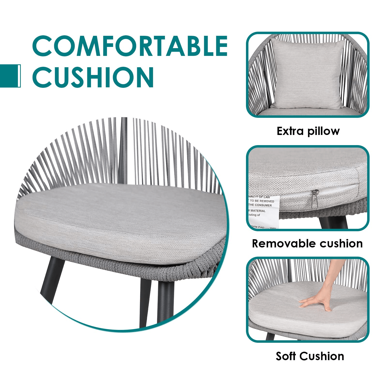 3pcs Patio Bistro Set Woven Rope Balcony Furniture Set, Grey & Black | Orange-Casual