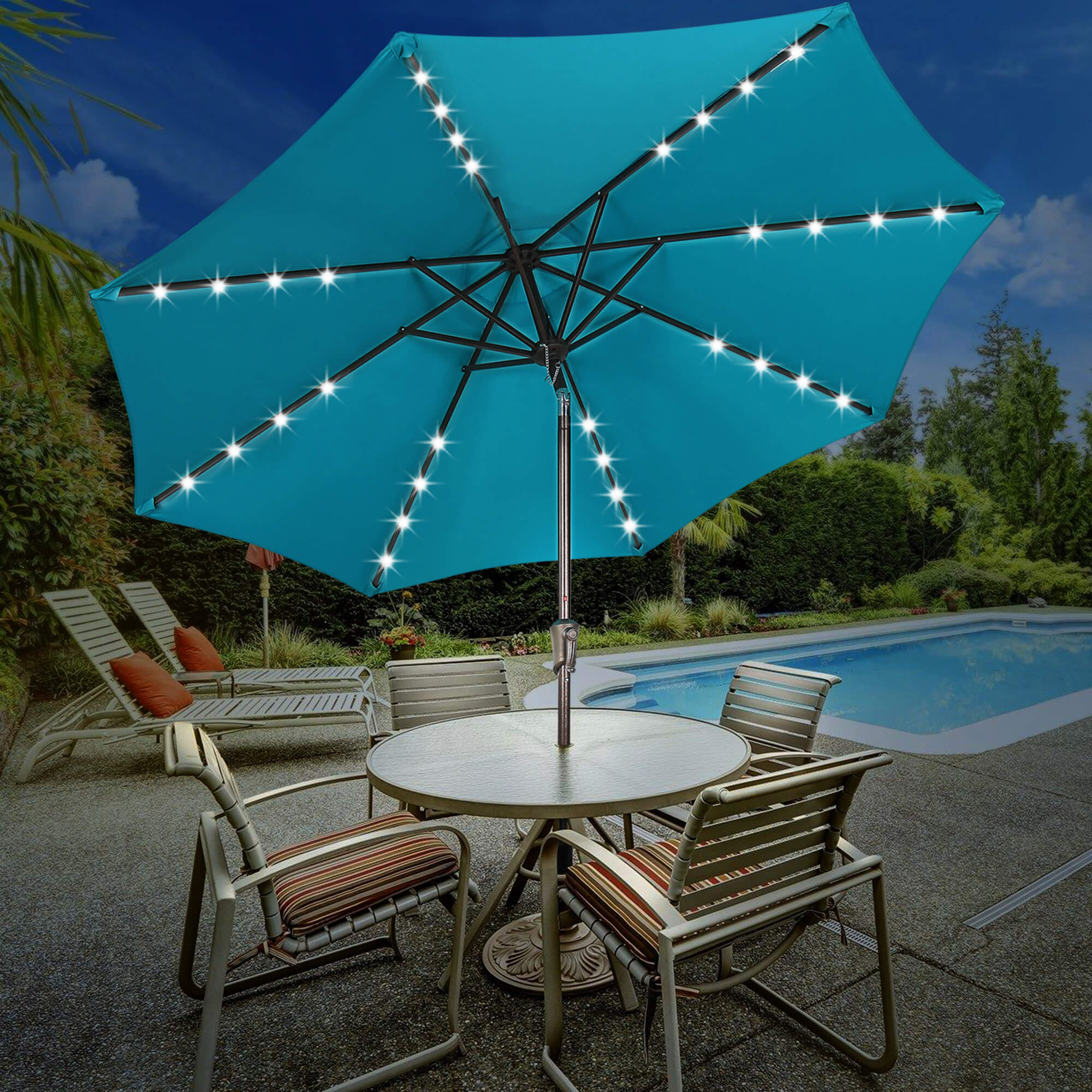 9ft Patio Umbrella with LED Lights Polyester Umbrella with Tilt and Crank, 5 Colors | Orange-Casual