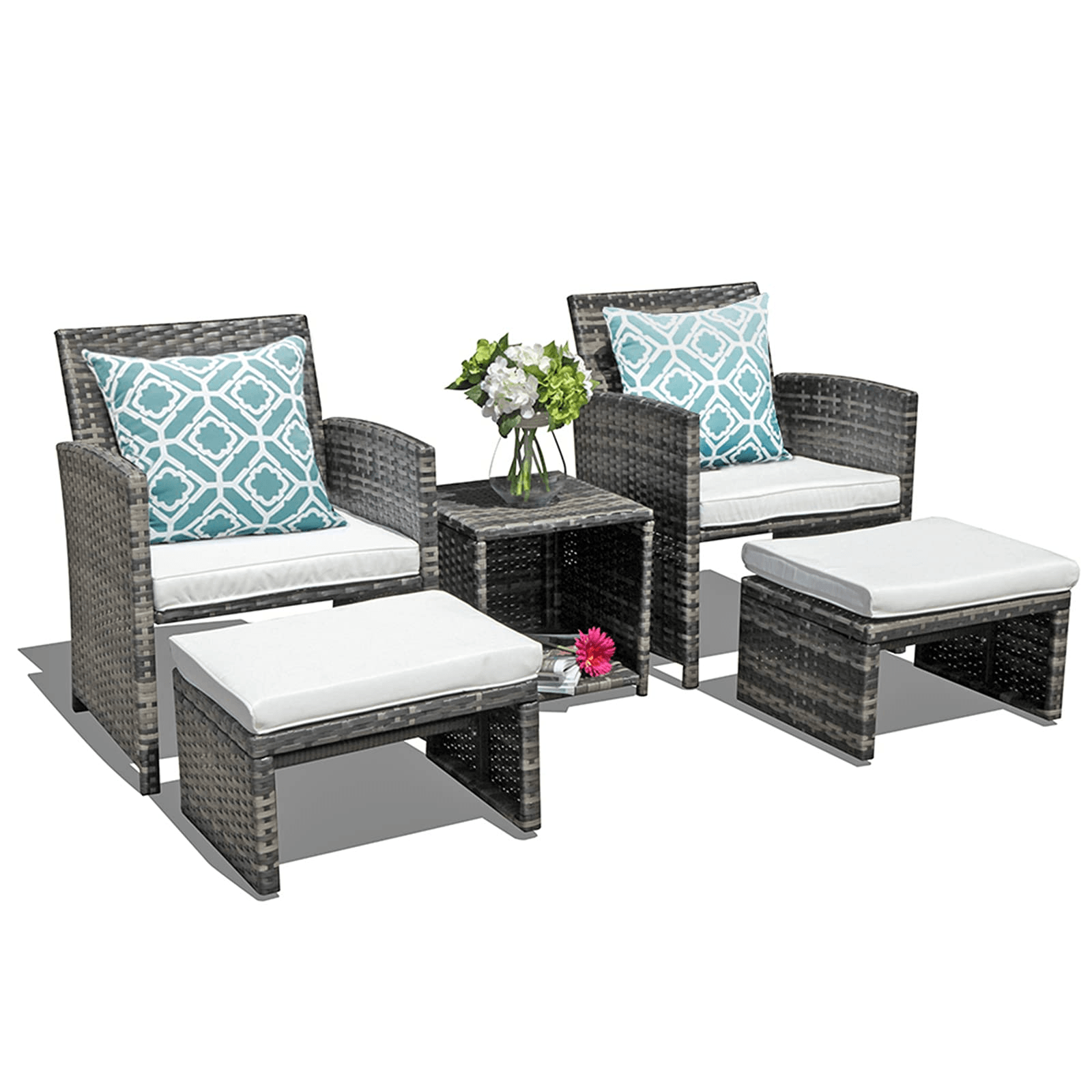 5pcs Wicker Patio Conversation Set with Ottomans & Storage Side Table | Orange-Casual