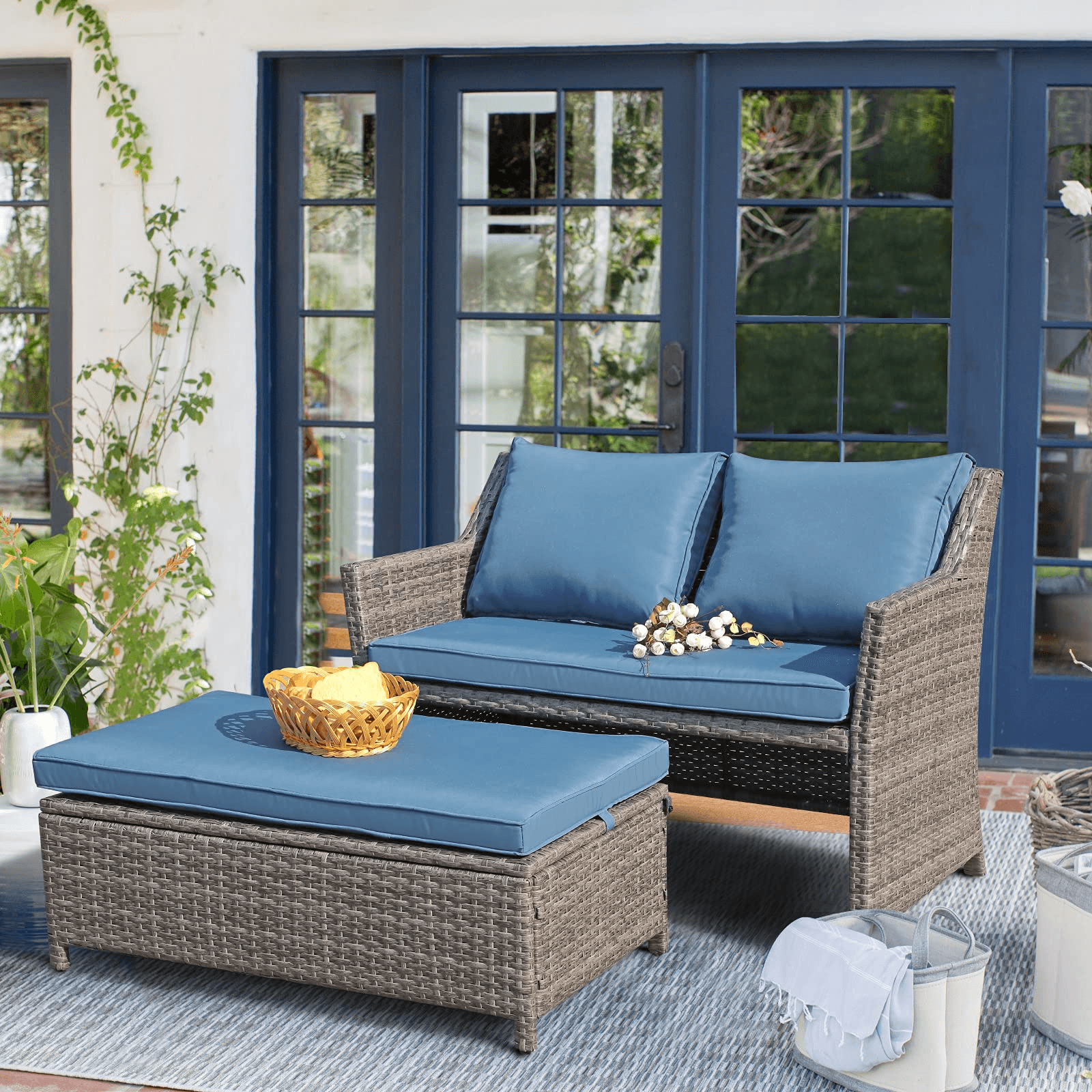 2pcs Loveseat Set with Storage Bin Wicker Outdoor Conversation Set | Orange-Casual