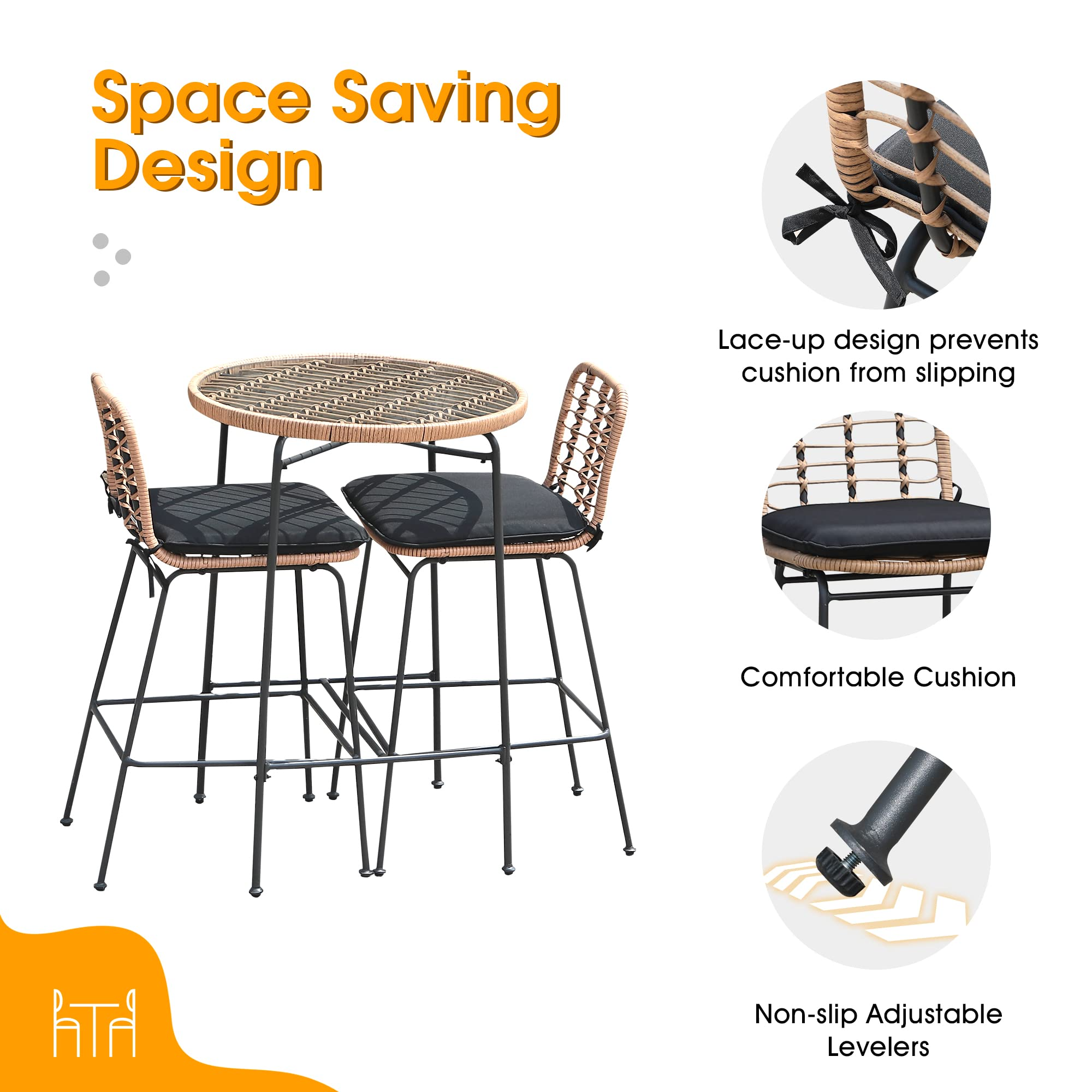 3pcs Patio Bistro Set, 2 Height Wicker Bar Stools with Round Glass Table, Beige Frame & Black Cushion | Orange-Casual
