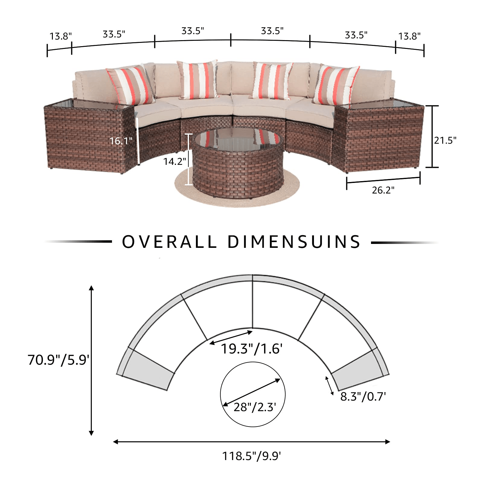 5-13 pcs Curved Outdoor Sectionals, Outdoor Curved Sofas, Brown & Beige | Orange-Casual