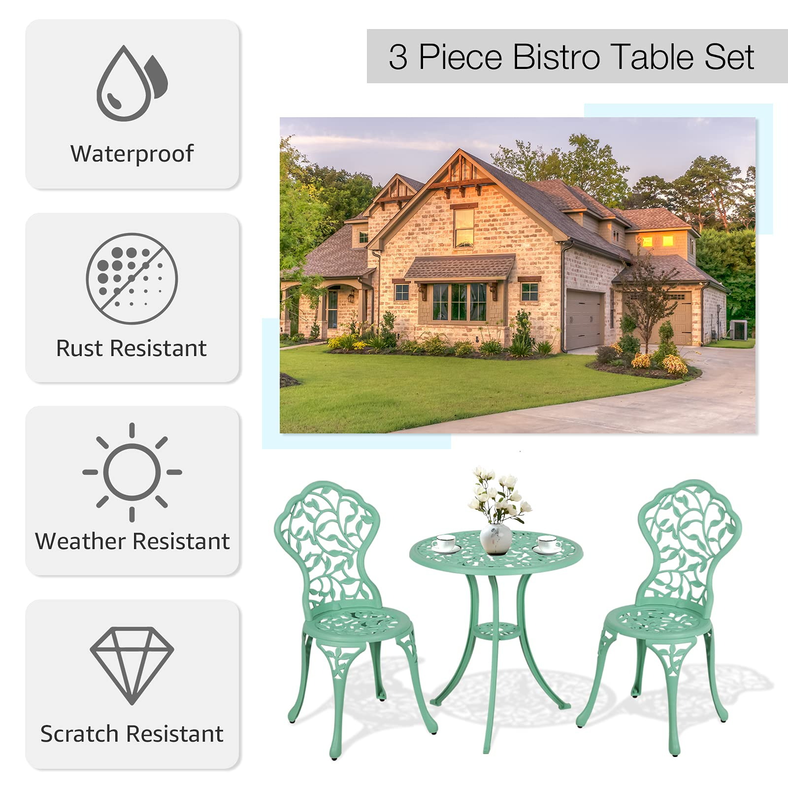 3pcs Cast Aluminum Patio Bistro Set Antique Finish Conversation Set, Teal | Orange-Casual