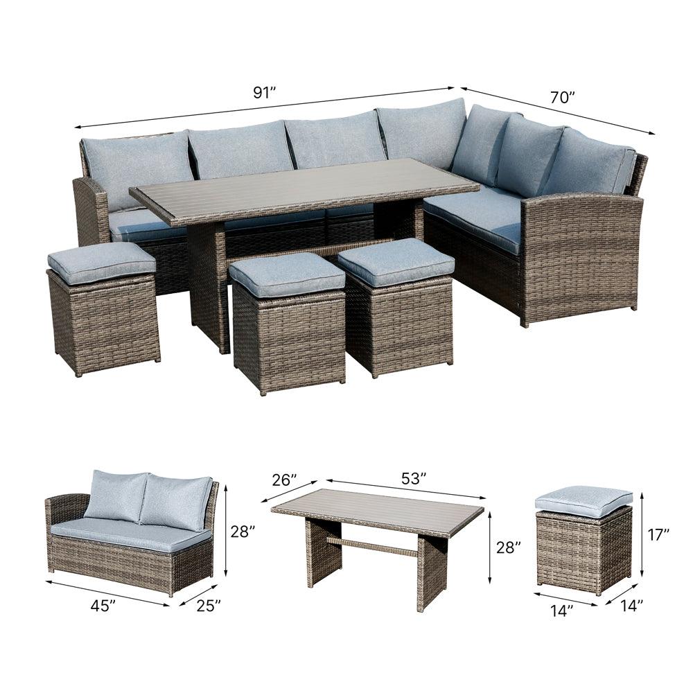7pcs Outdoor Dining Set Wicker Patio Sectinal Set with Dining Table | Orange-Casual
