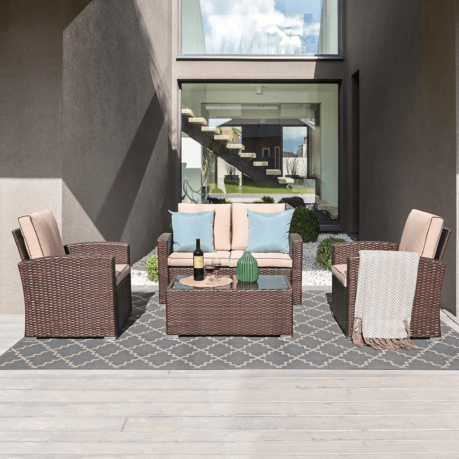 4pcs Wicker Outdoor Patio Furniture Set Small Sectional Conversation Set | Orange-Casual