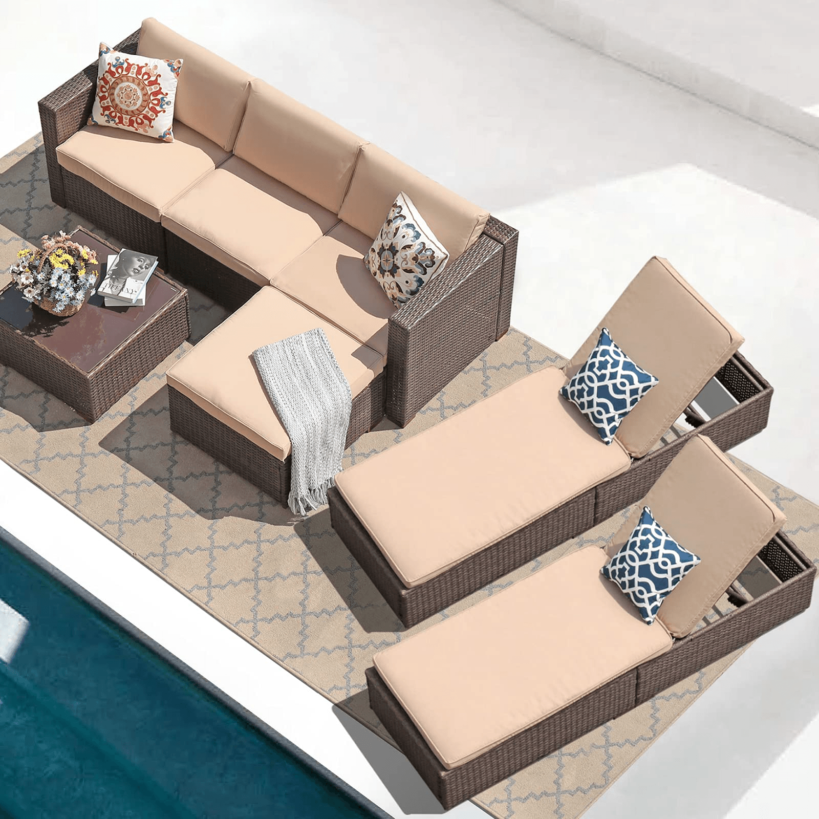 7pcs Patio Sectional Sofa Set with 2 Patio Chaise Lounges, Brown/Grey | Orange-Casual