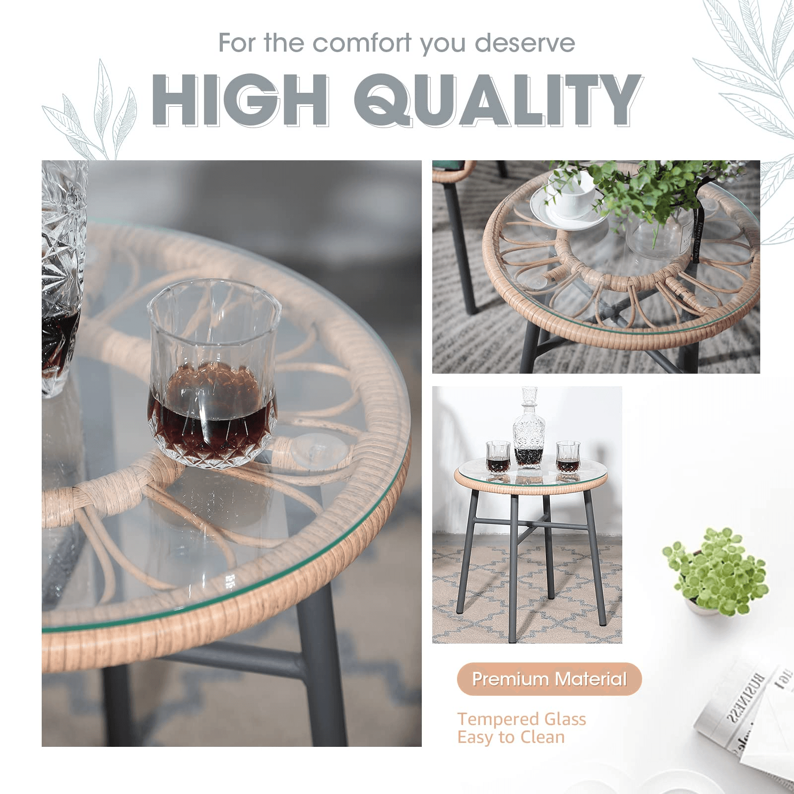 3pcs Patio Bistro Set Rattan Armchairs with Round Glass Coffee Table, Cream & Aqua | Orange-Casual