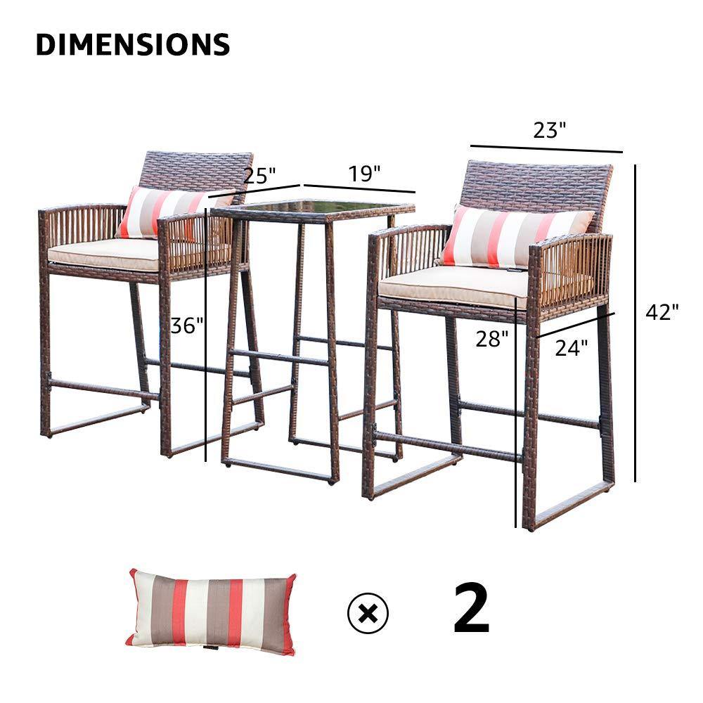 3pcs Outdoor Dining Set Wicker Patio Bar Set with Cushions | Orange-Casual